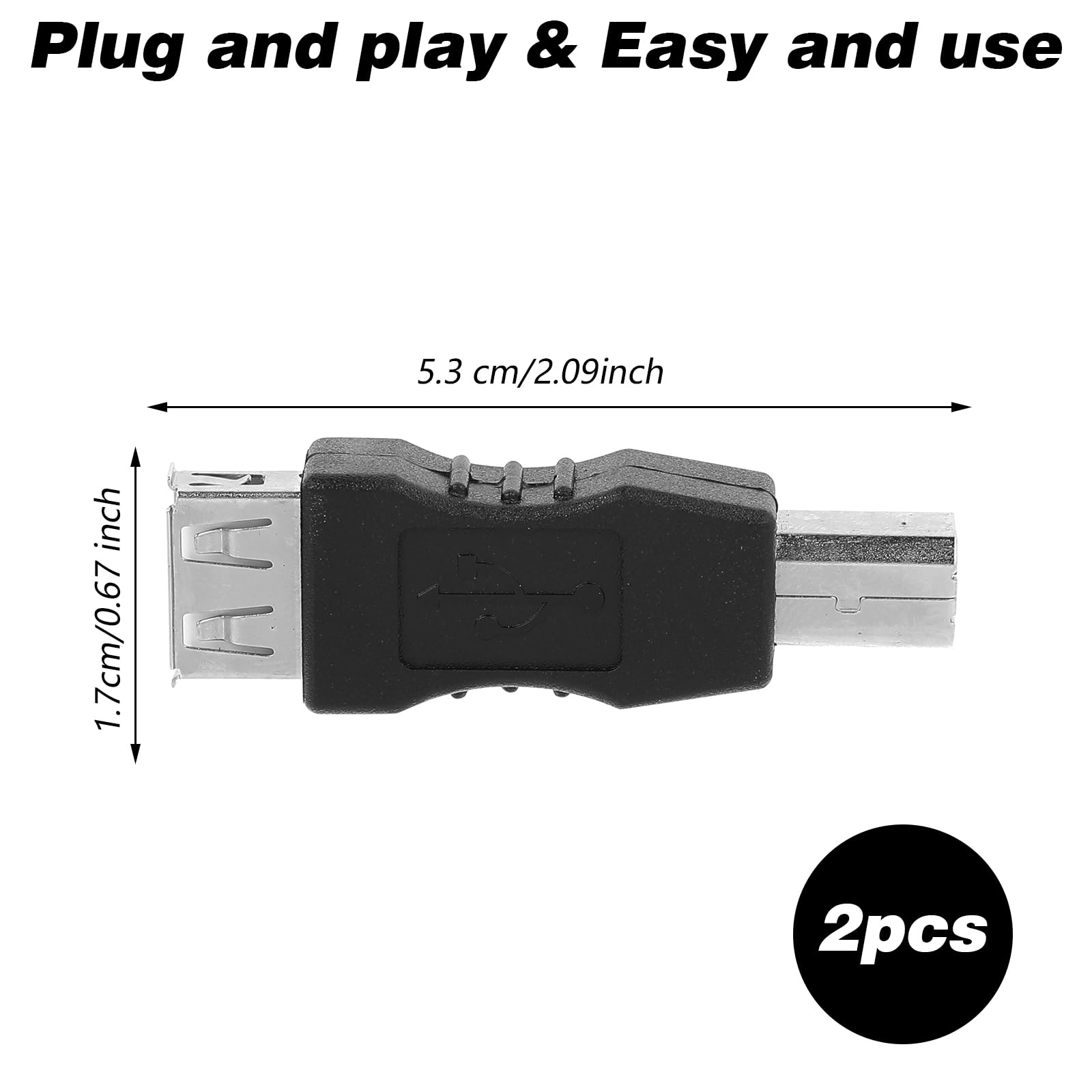 2-Pack USB 2.0 A Female to B Male Adapter - Printer Connector for Office & Home Use
