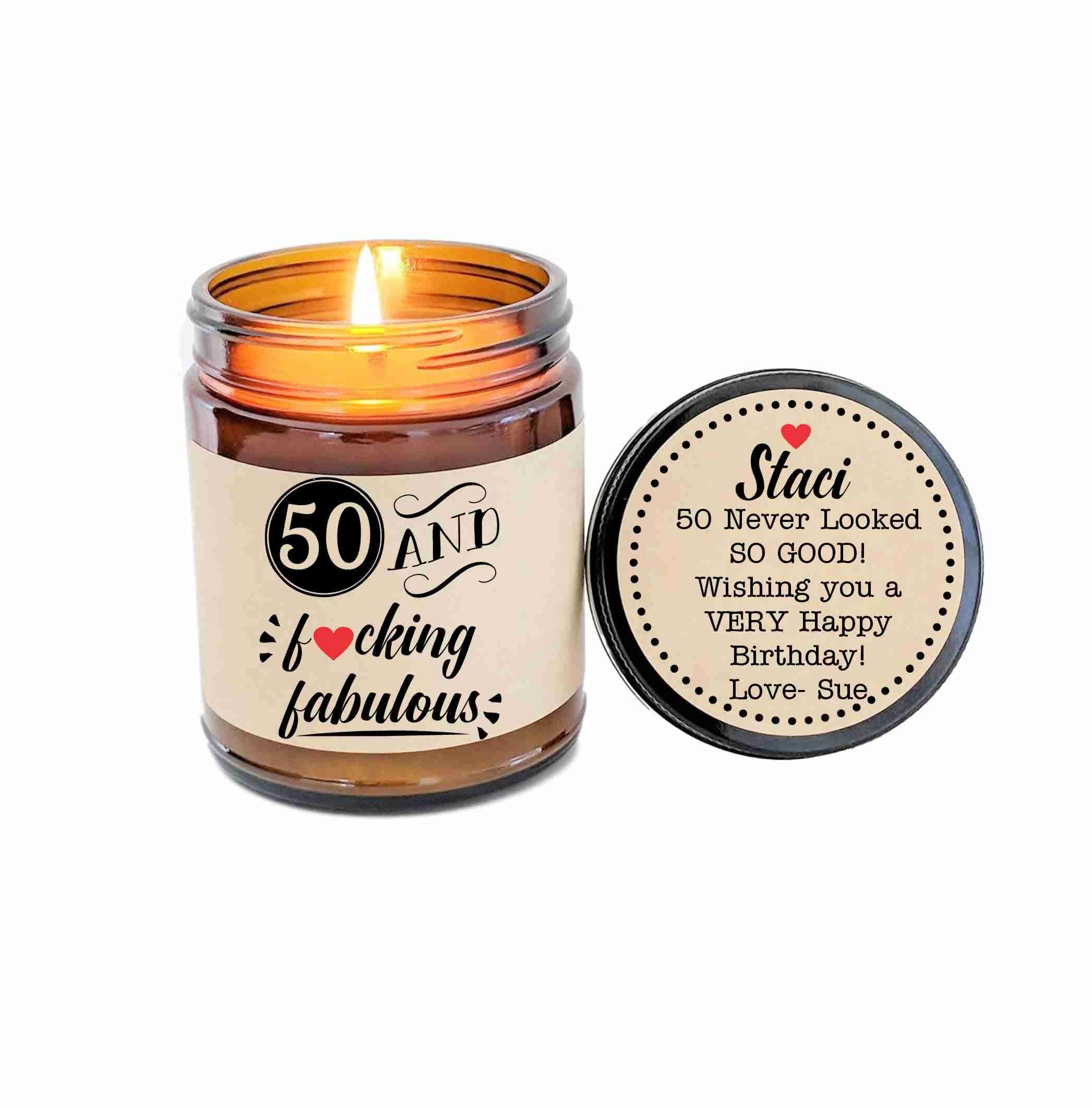 50th Birthday Gift for Women - Funny 'Fifty & Fabulous' Personalized Soy Candle - Milestone Birthday Gifts for Her - Perfect for Parties, Home Decor & Relaxation