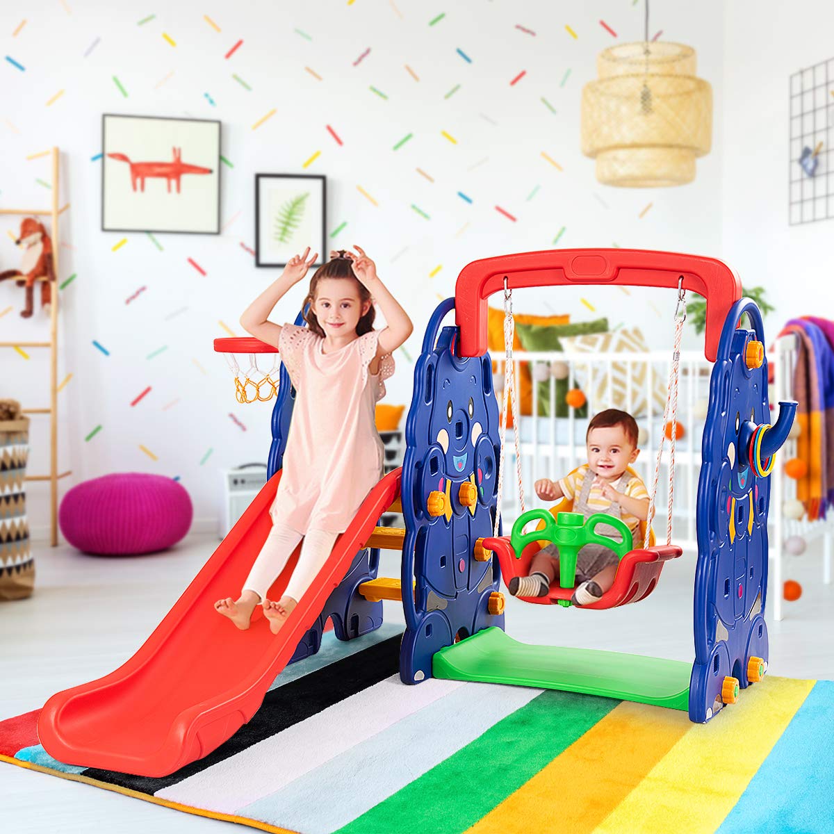 6-in-1 Kids Swing and Slide Playset for Toddlers Ages 3-10 - Outdoor/Indoor Backyard Playground with Basketball Hoop, Soccer Goal & Golf Hole - Perfect Birthday Gift & Outdoor Activity Set for Backyards, Parks & Daycares