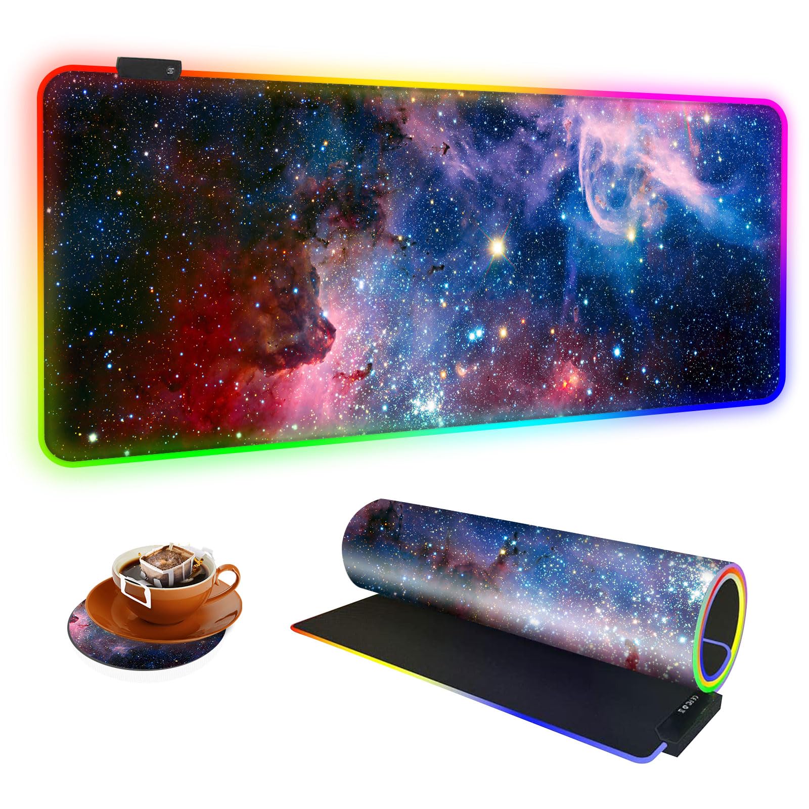 RGB Gaming Mouse Pad - Large Galaxy Nebula Space Design with Glowing LED Lights, 10 Lighting Modes, Non-Slip Rubber Base (31.5