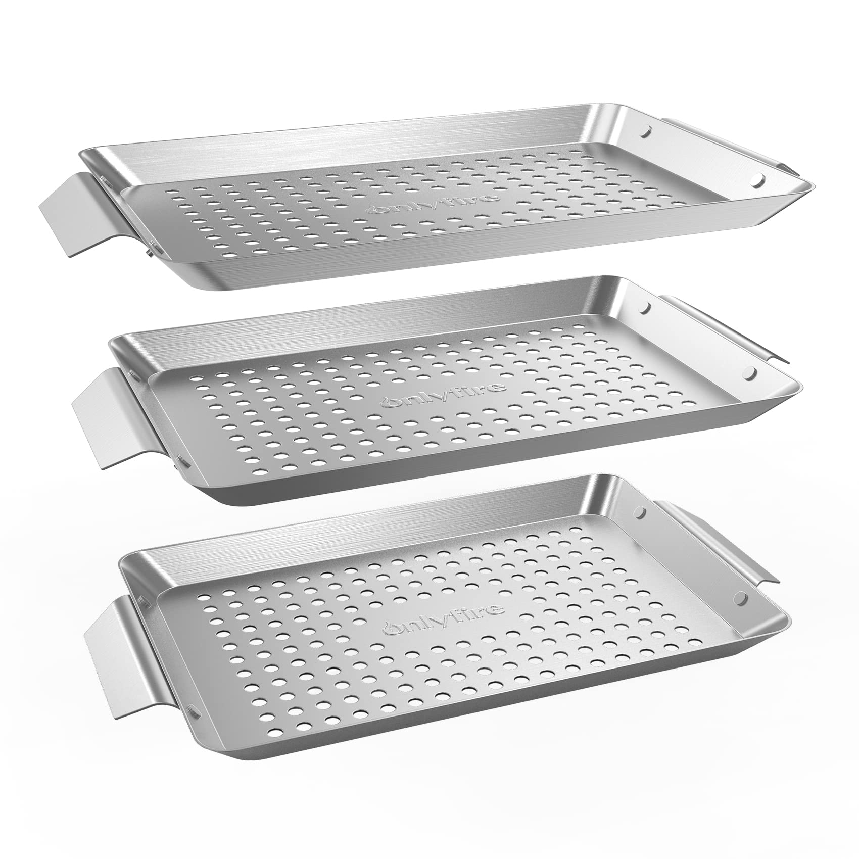 Onlyfire 3-Pack Stainless Steel Rectangle Grill Baskets - Durable Vegetable & Meat Grilling Baskets for BBQ, Camping, Picnics & Outdoor Cooking - Perfect for Grilling Veggies, Seafood & Small Foods