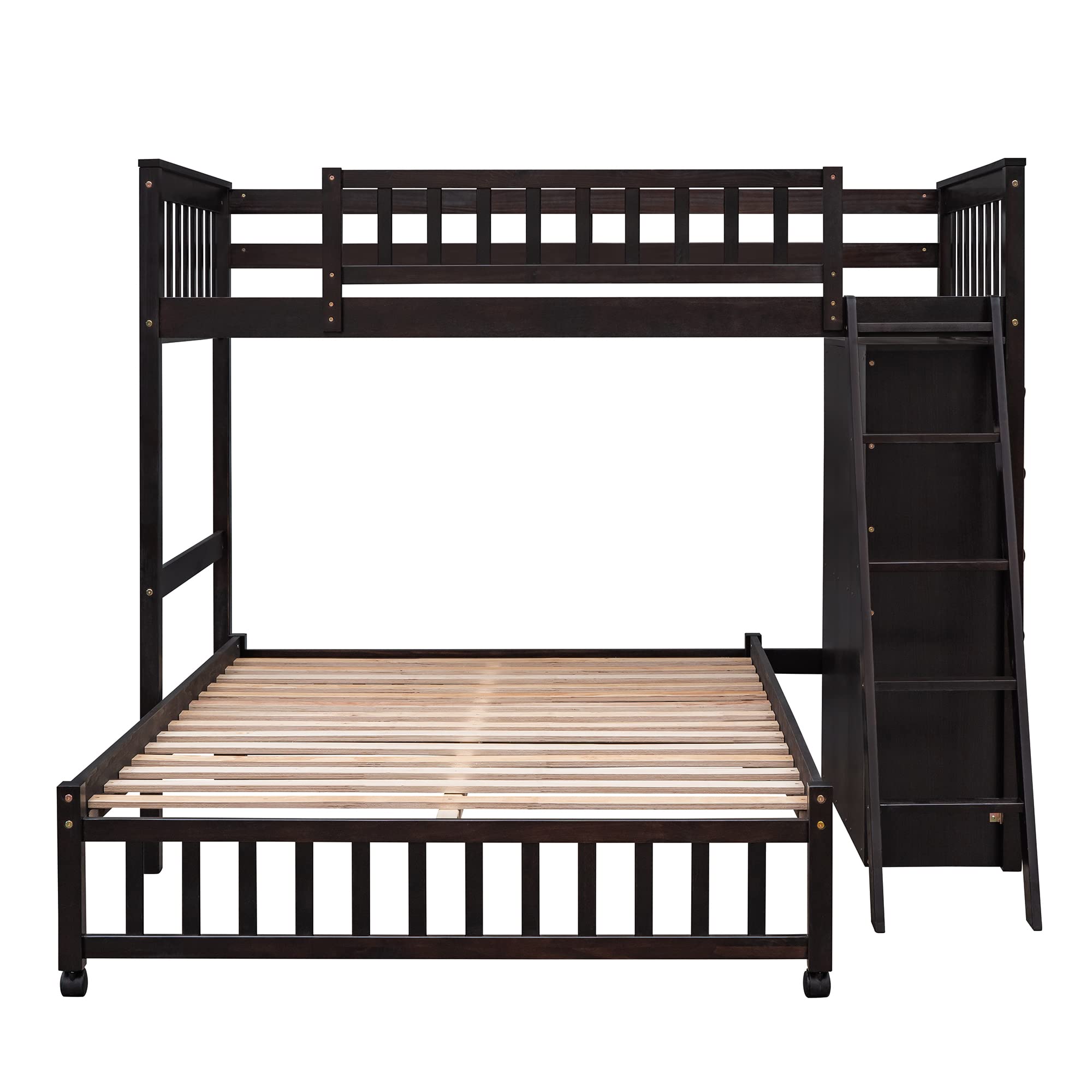 Harper & Bright Designs Twin Over Full Bunk Bed with 6 Storage Drawers & 3 Shelves - Solid Wood Loft Bed with Movable Lower Bed & Wheels, No Box Spring Needed (Espresso) - Perfect for Kids' Bedrooms, Guest Rooms & Small Spaces