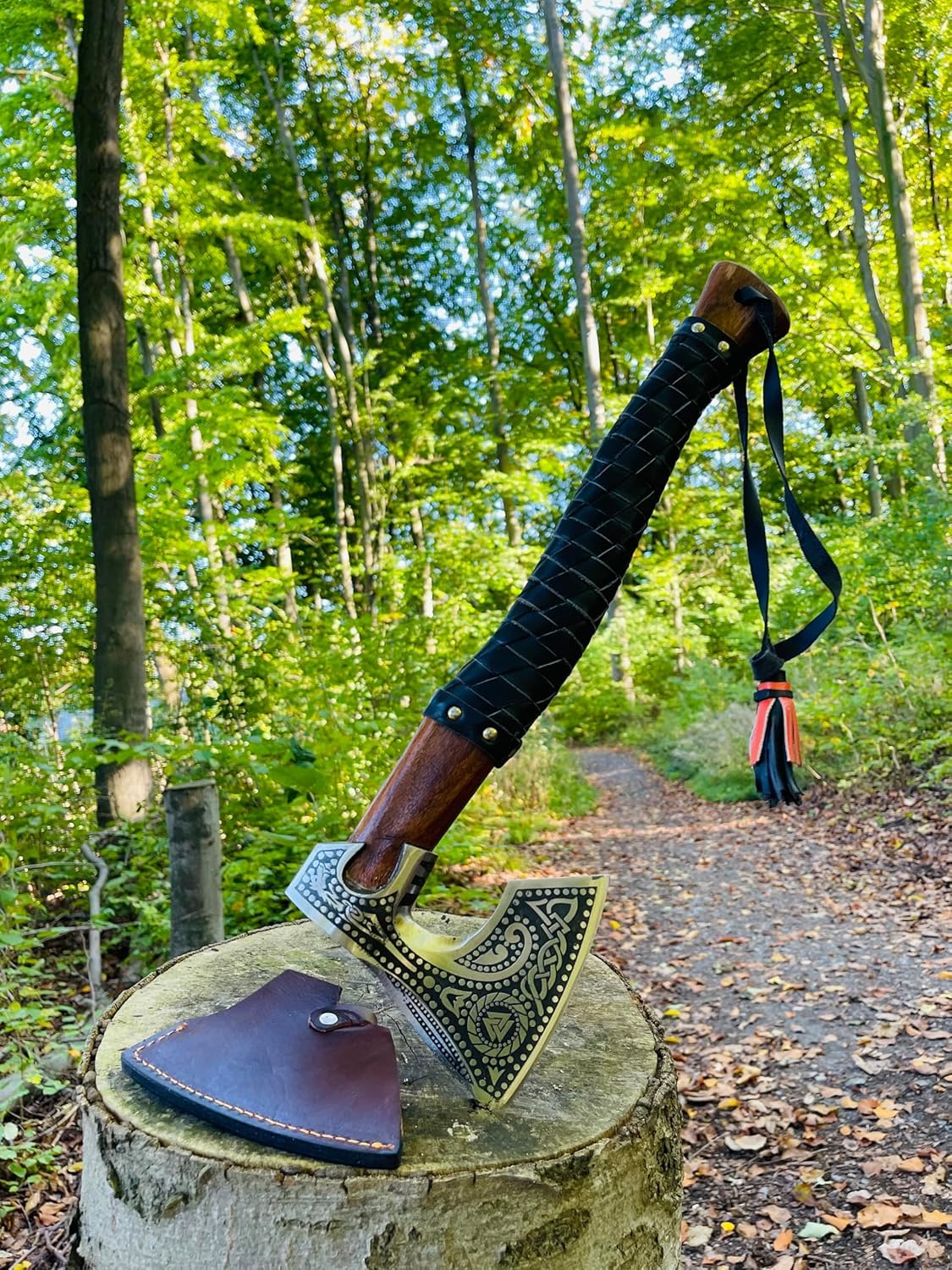 Handmade Viking Axe - High Carbon Steel Forged Tomahawk Bearded Axe for Throwing & Wood Chopping - Norse Warrior Gift for Men - Camping, Survival & Outdoor Activities - Valknut Design Woodworking Tool