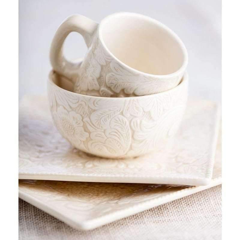 Elegant Cream Floral Embossed Dinnerware Set - Porcelain Plates, Bowls & Cups for Wedding, Party & Home Decor - Perfect for Romantic Dinners & Special Occasions