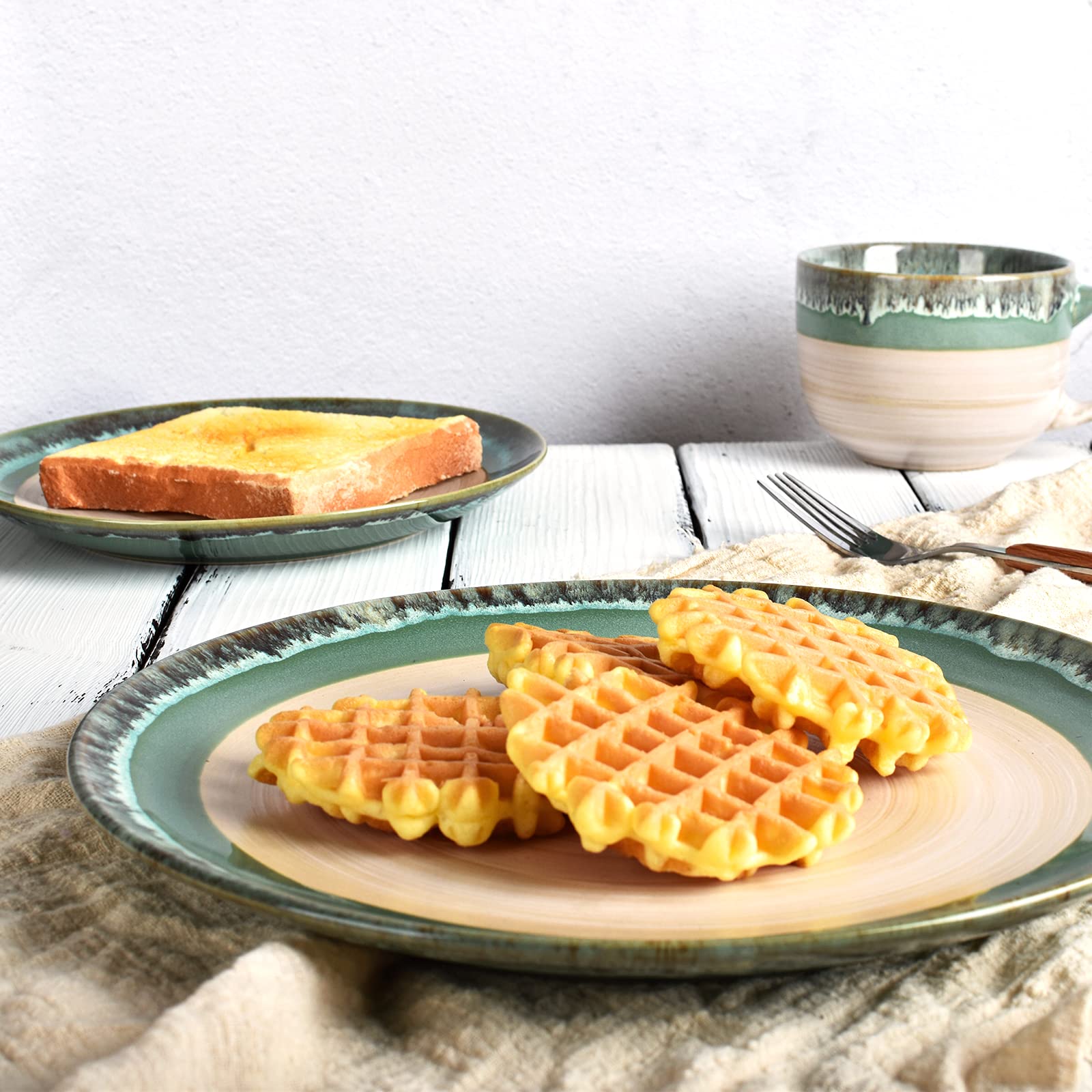 Bosmarlin 12-Piece Stoneware Dinnerware Set for 4 - Microwave & Dishwasher Safe Ceramic Plates & Bowls with Reactive Turquoise Green Glaze | Elegant Table Setting for Family Dinners & Entertaining