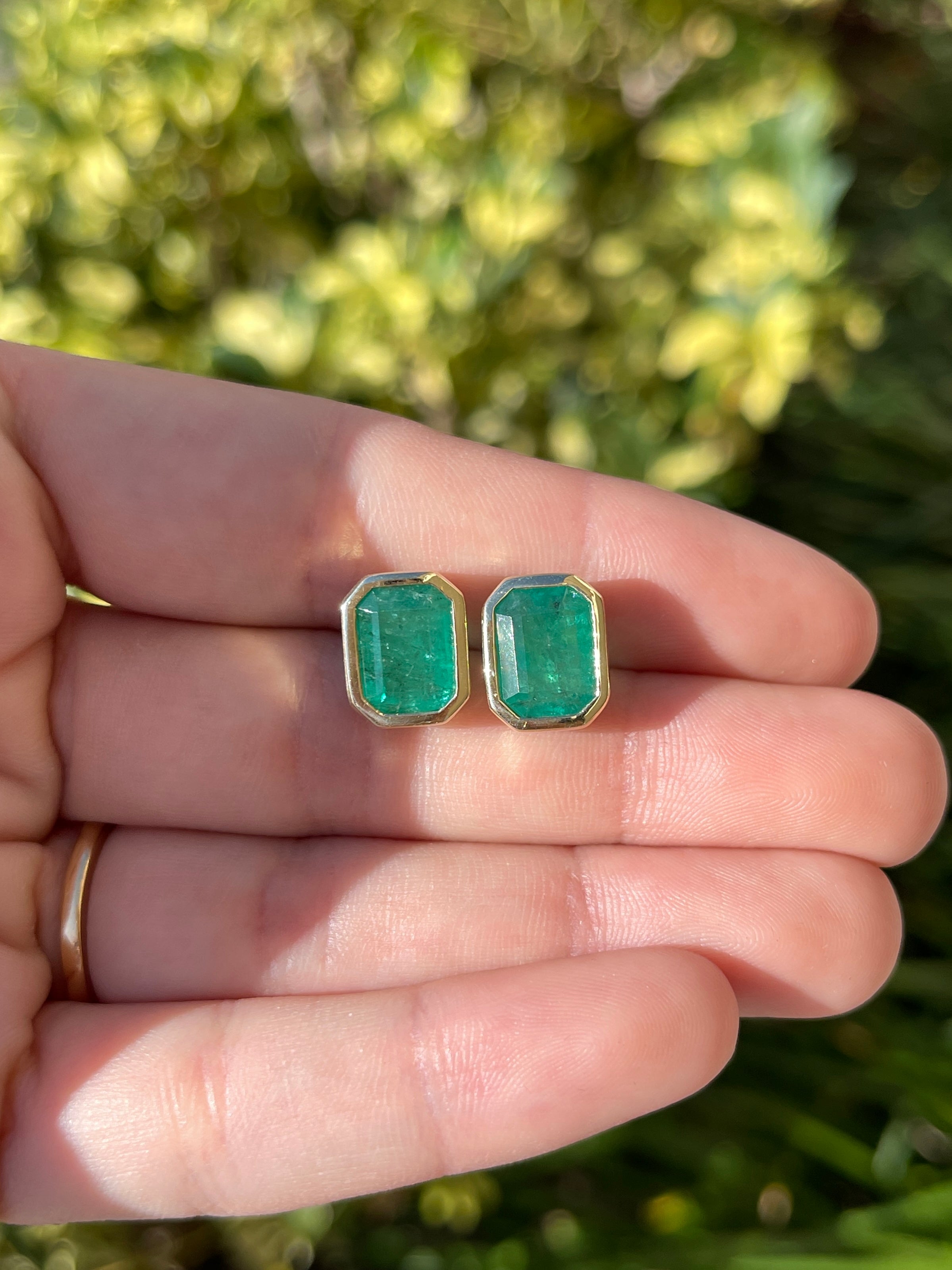 6.0tcw Natural Emerald Stud Earrings in 18K Gold Bezel Setting - Elegant Jewelry for Women, Perfect for Weddings, Parties & Daily Wear