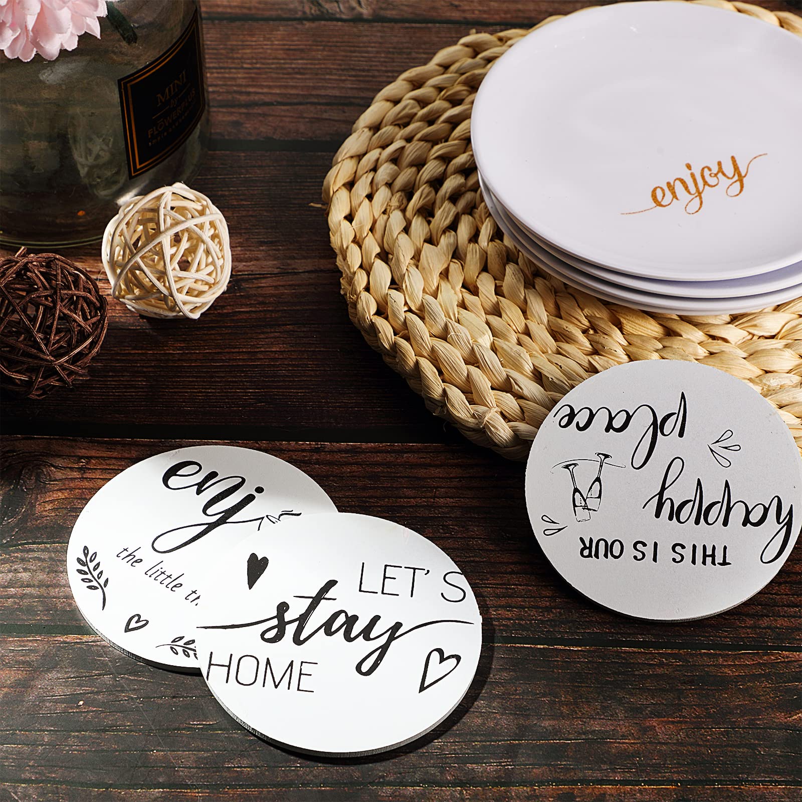 Queekay 6-Pack Wooden Heart Coasters Set with Holder - Farmhouse Style Drink Coasters for Coffee Table Protection, 4 Inch White - Perfect Housewarming Gift & Home Decor for Family, Friends, Kitchen, Living Room, and Dining Room Use