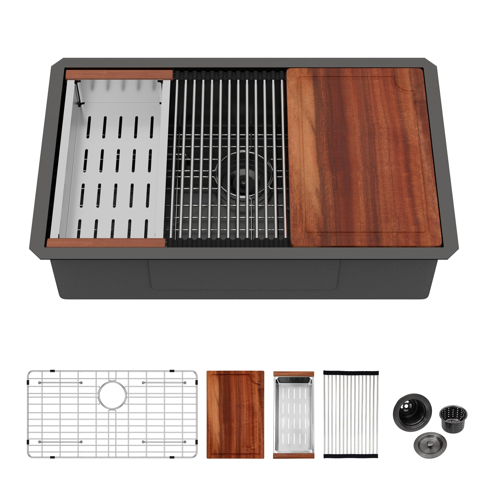 32x19 Inch Undermount Gunmetal Black Kitchen Sink - Logmey 16 Gauge Single Bowl Workstation Sink with Accessories | Perfect for Modern Kitchens, Restaurants & Food Prep Areas