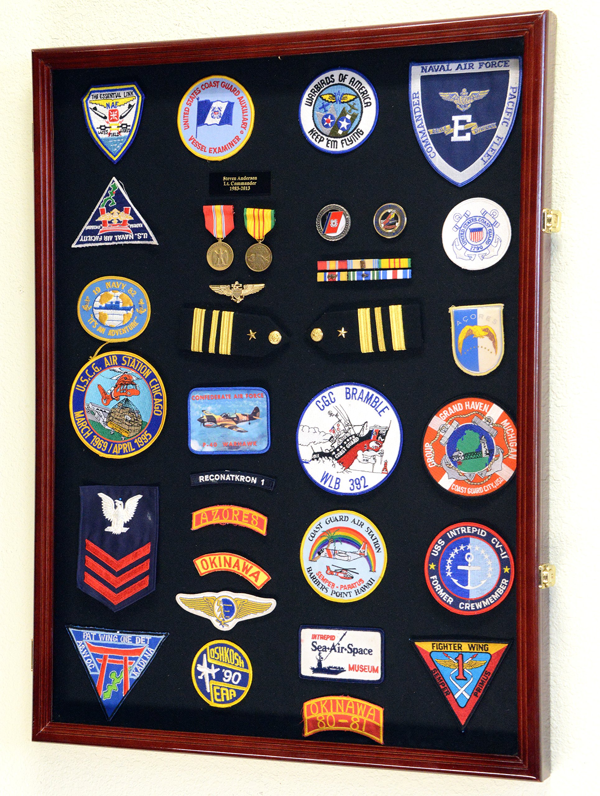 XL Military Display Case - Cherry Wood Shadow Box for Medals, Pins, Patches, Badges, Ribbons & Insignia - Perfect for Veterans, Collectors & Home Decor