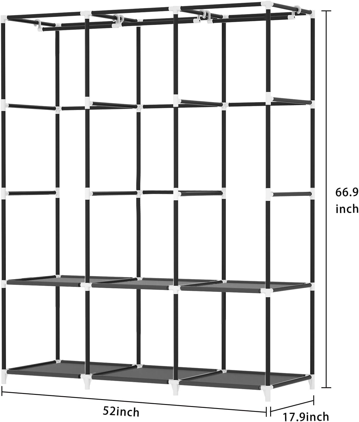 LOKEME Portable Closet Organizer - 3-Tier Hanging Rods, 6 Storage Shelves & 4 Side Pockets - Easy Assembly Black Wardrobe for Clothes Storage | Perfect for Small Spaces, Dorm Rooms, Camping & Temporary Closet Solutions