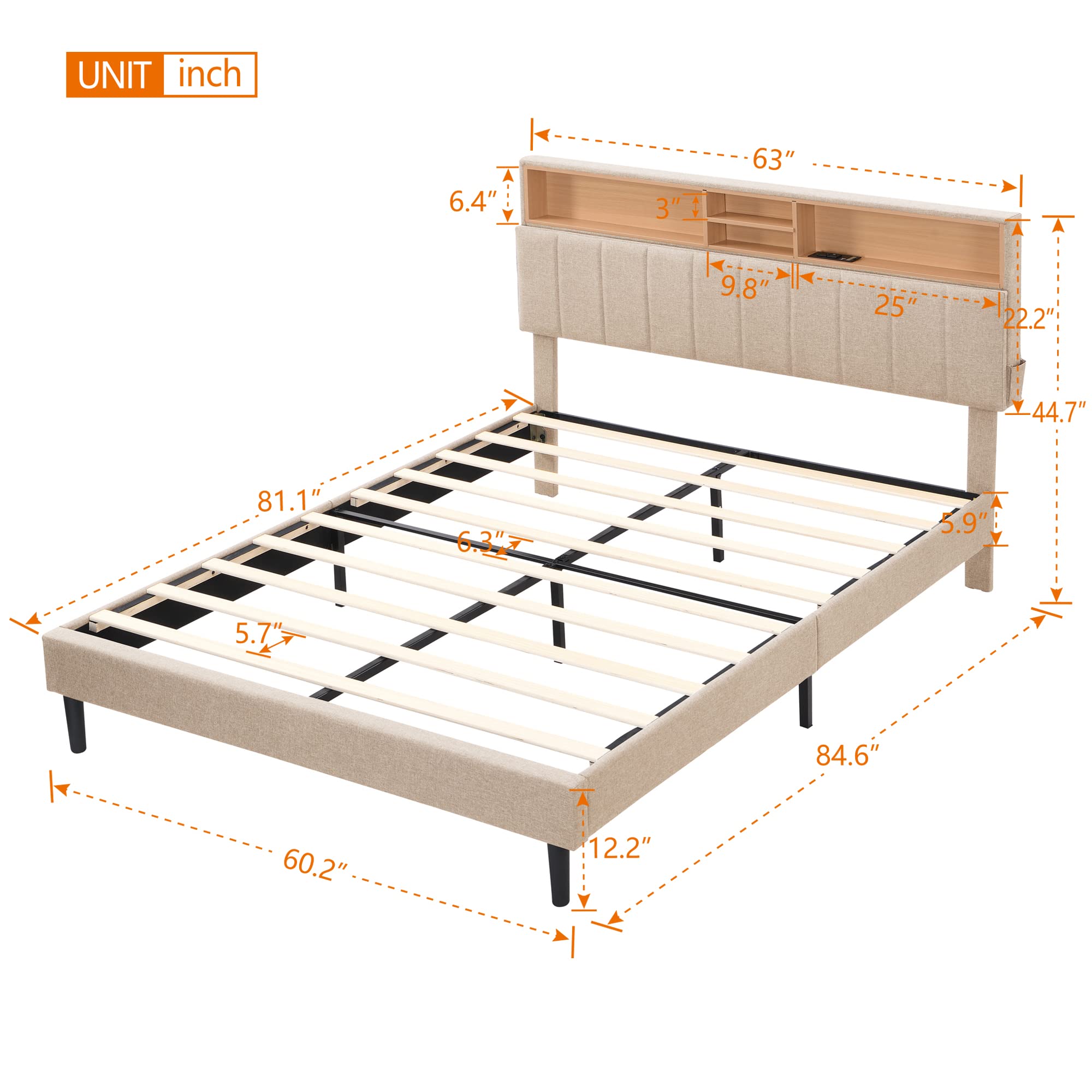 MERITLINE Queen Size Upholstered Platform Bed Frame with Storage Headboard & USB Ports - Linen Fabric Bedroom Furniture, No Box Spring Needed (Beige) | Perfect for Modern Bedrooms, Guest Rooms & Small Spaces