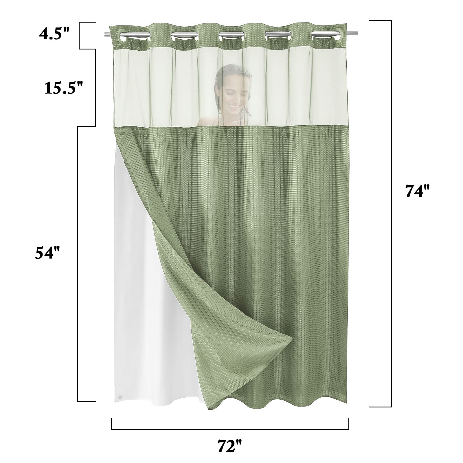 Gibelle No Hook Waffle Weave Shower Curtain with Snap-in Fabric Liner Set - Waterproof & Washable Bathroom Shower Curtain with Mesh Top Window, Hotel Style, Sage Green, 72x74 - Perfect for Bathrooms, Guest Rooms & Spa Retreats