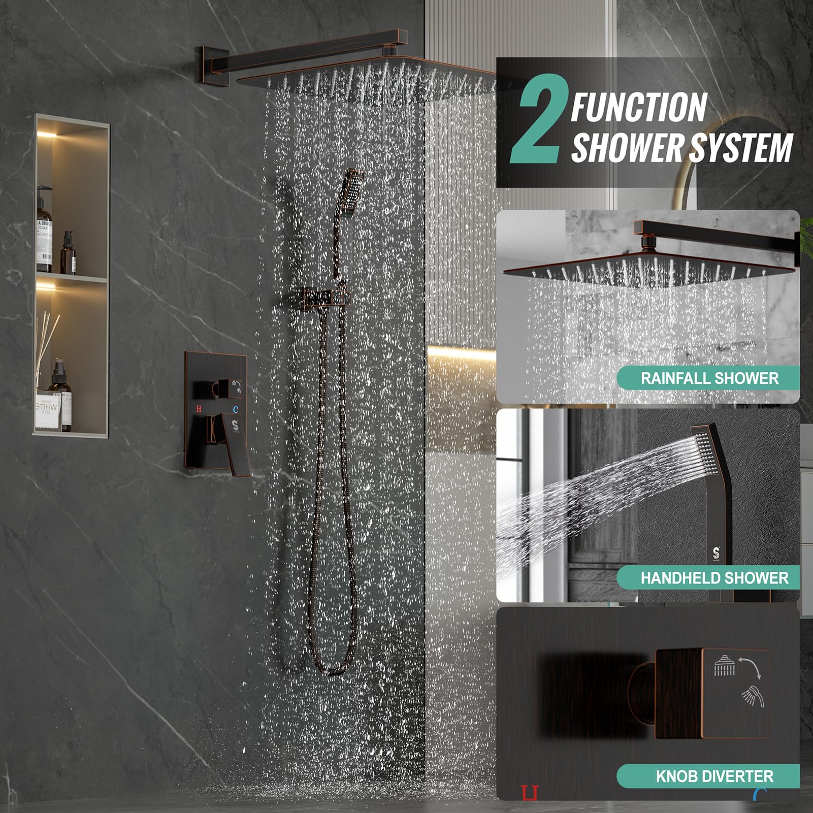 SR SUN RISE ORB Square Rainfall Shower Head with Handle Set - 16 Inch Wall Mounted Metal Shower Faucet Trim Kit (Includes Shower Valve) - Perfect for Bathroom Renovation & Luxury Spa Experience