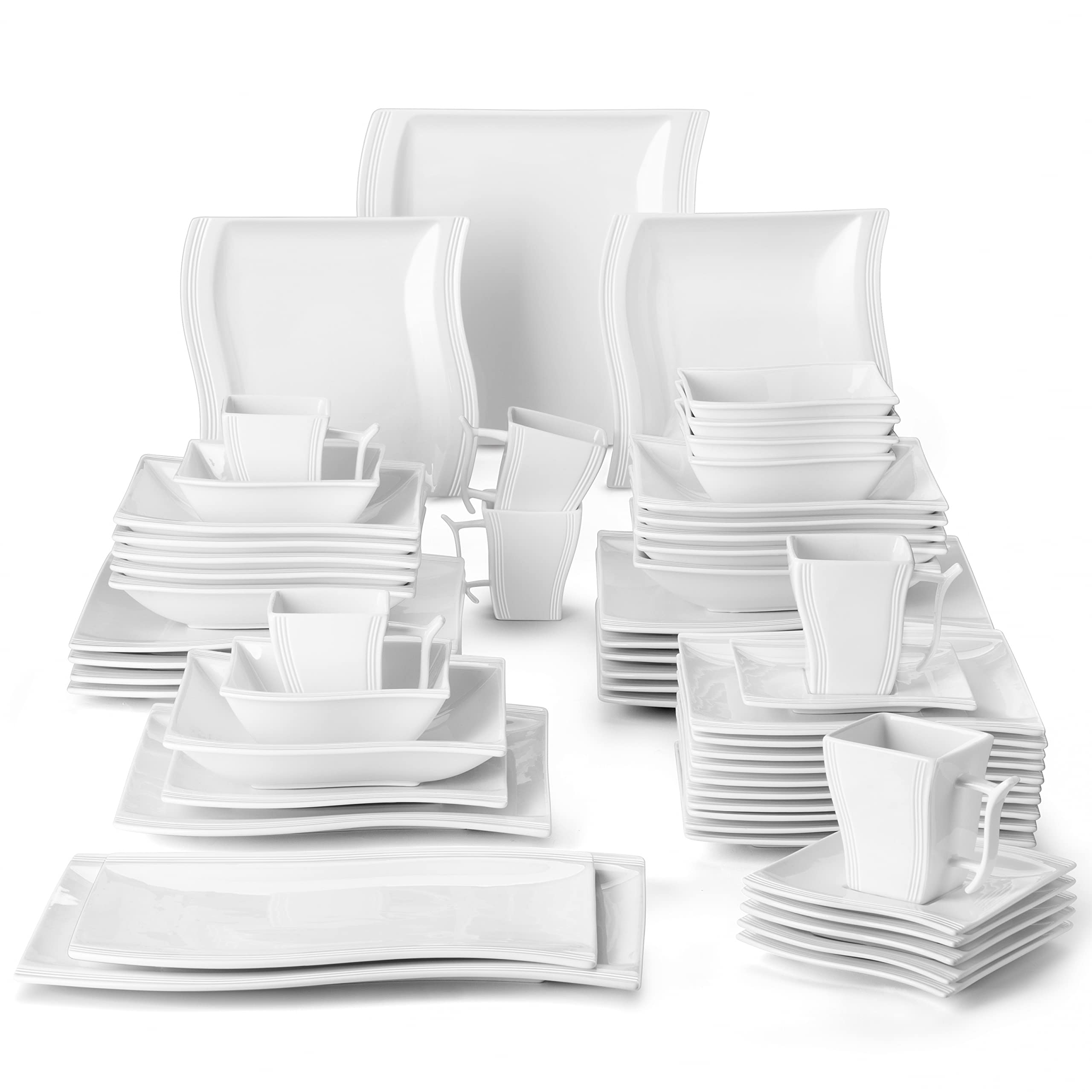 MALACASA 56-Piece Ivory White Porcelain Dinnerware Set - Modern Square Plates, Bowls, Serving Platters, Cups & Saucers - Flora Collection | Elegant Table Setting for Dinner Parties, Weddings & Home Decor