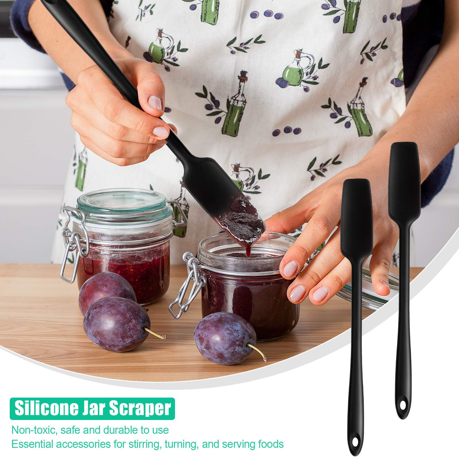 2-Pack Long Handle Silicone Jar Spatulas - Non-Stick Rubber Scrapers with Heat-Resistant Design for Smoothies, Baking & Cooking - Perfect for Jars, Blenders, Mixing Bowls & Food Prep (Black)