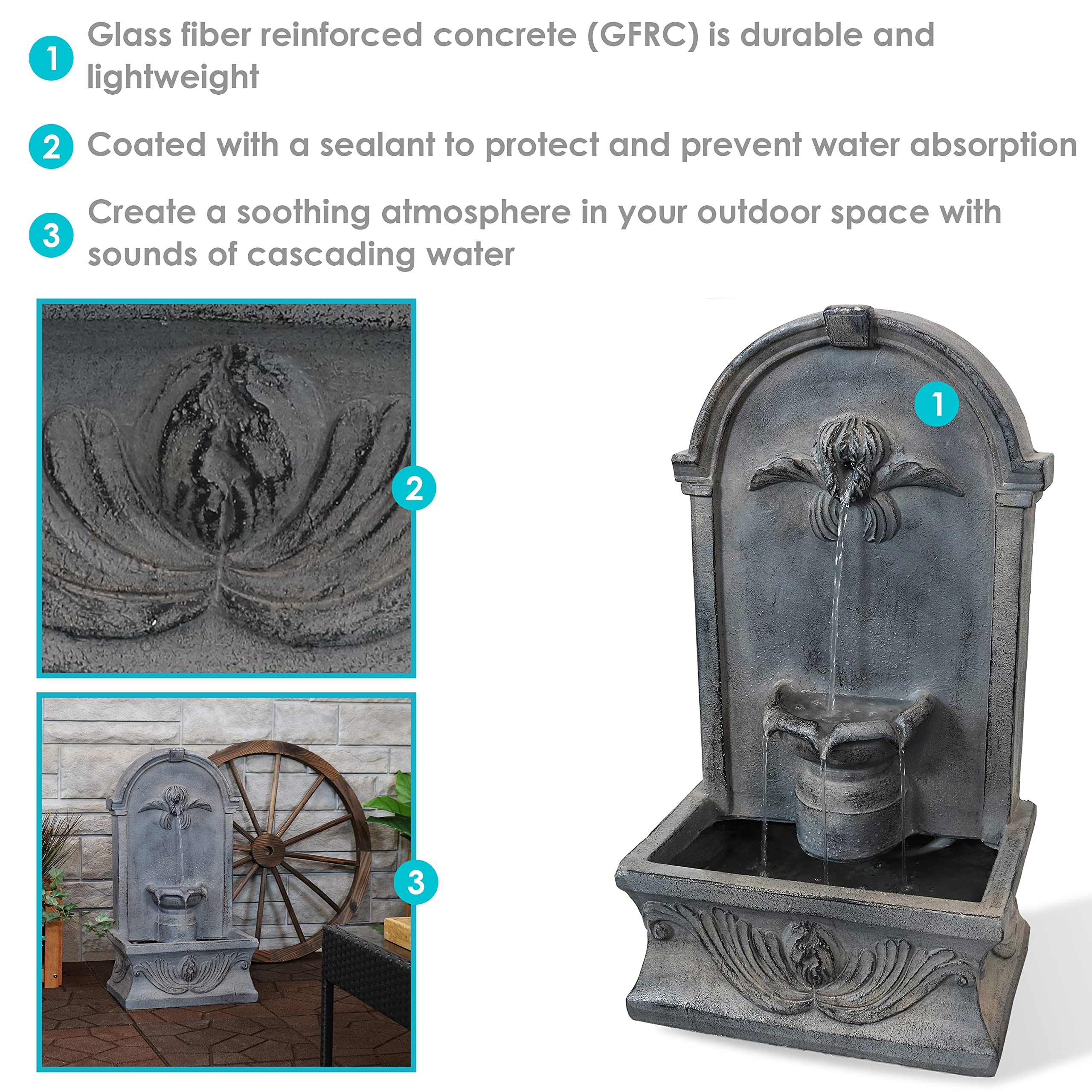 28-Inch French-Inspired Outdoor Flat Back Water Fountain - Durable Glass Fiber Reinforced Concrete - Perfect for Garden, Patio, and Backyard Decor