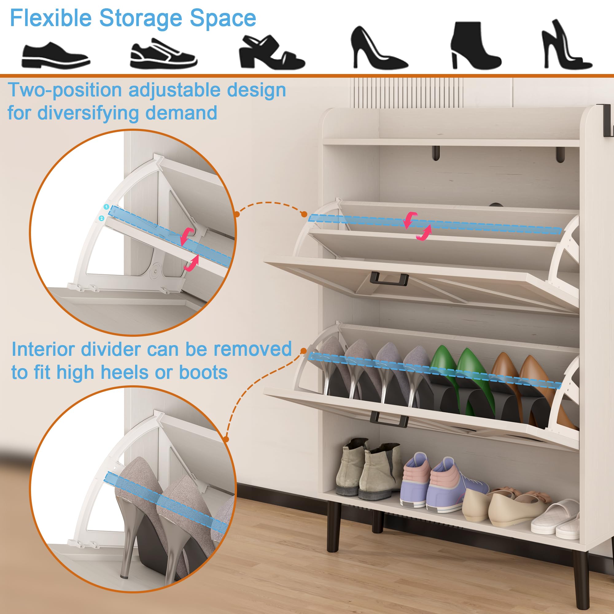 HOMEFORT Slim Shoe Storage Cabinet with 2 Flip Drawers - Narrow Entryway Shoe Organizer with Wood Legs, Farmhouse Hidden Shoe Rack for Front Door Entrance - Antique White - Perfect for Small Spaces & Clutter-Free Entryways