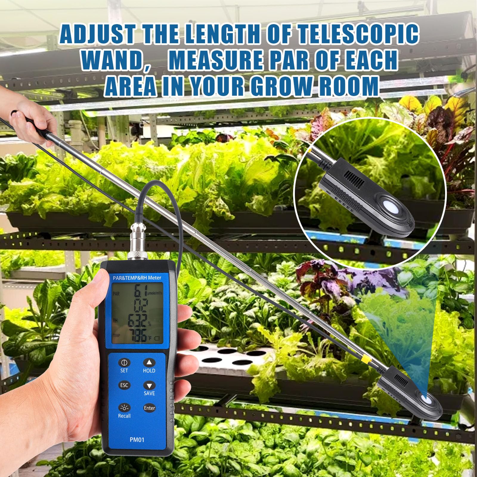 Quantum PAR Meter for LED Grow Lights - 400-700nm Wavelength Range with Temperature & Humidity Display | PPFD Meter with 36