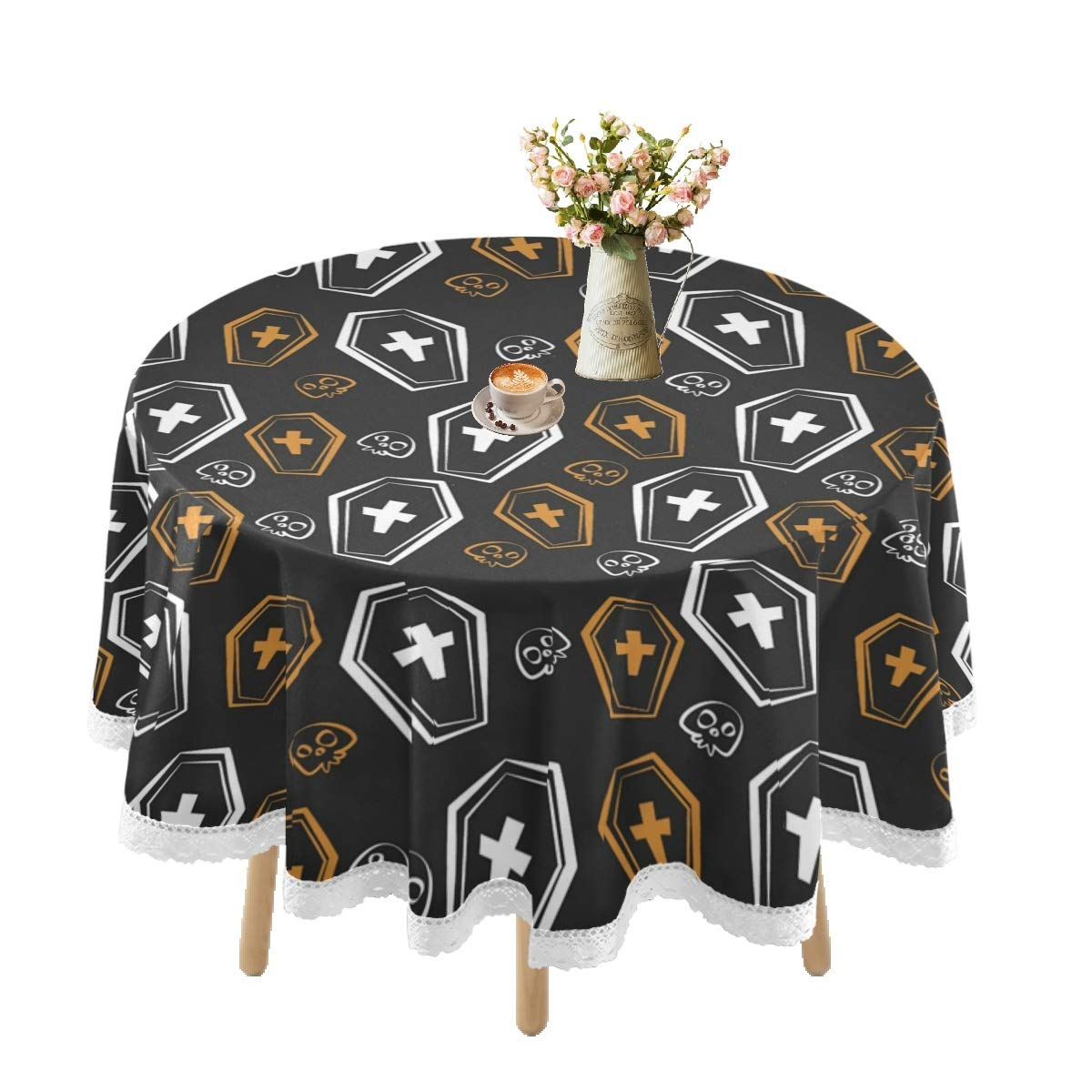 Halloween Black Lace Tablecloth - 60 Inch Waterproof Round Table Cover for Outdoor Dining, Picnic & Party Decor