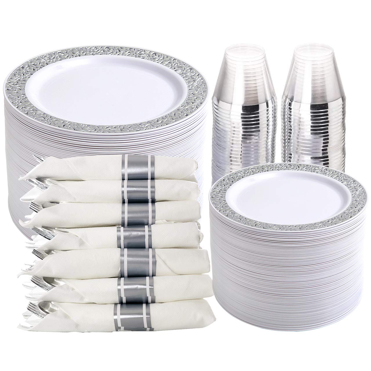 WELLIFE 350-Piece Silver Disposable Plastic Dinnerware Set - Elegant Silver Lace Plates, Cups & Cutlery for Weddings, Parties, Events & Catering - Includes 50 Dinner Plates, 50 Dessert Plates, 50 Cups & 50 Pre-Rolled Napkins - Perfect for Birthday Celebrations, Bridal Showers & Formal Gatherings