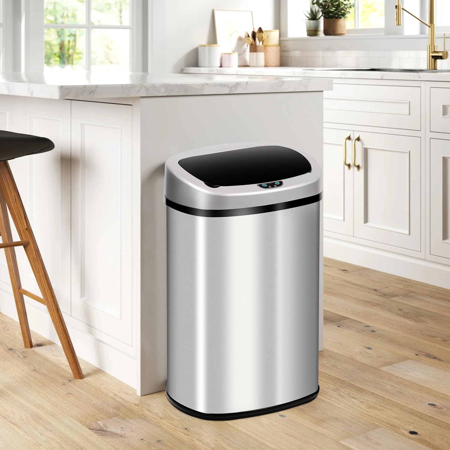 Stainless Steel Automatic Touchless Trash Can 13 Gallon/50L with Lid - High Capacity Kitchen Garbage Bin for Home, Office, Bathroom & Restroom - Brushed Silver Large Dustbin | Hands-Free Waste Disposal for Hygienic Living Spaces
