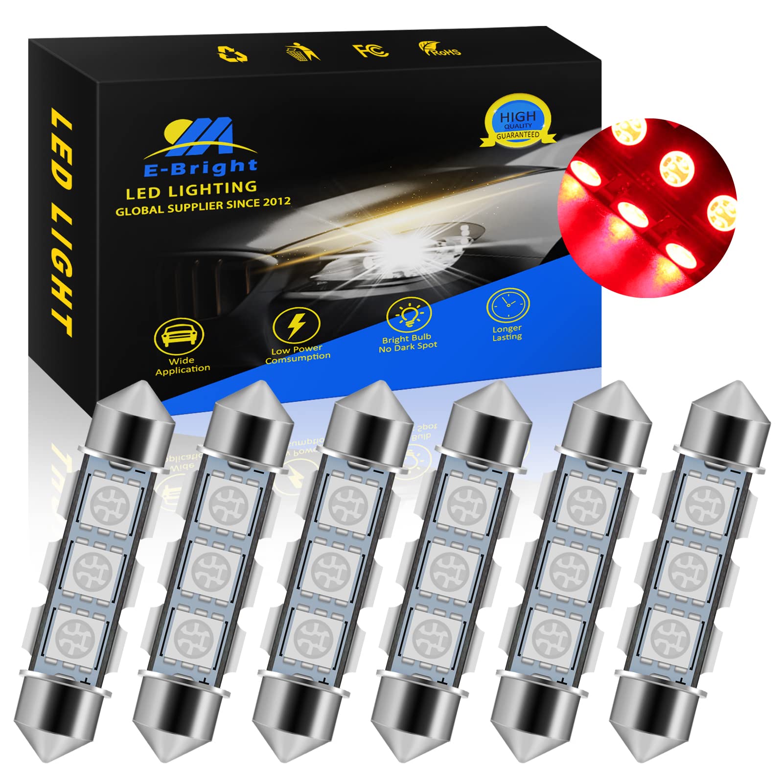 Everbright 6-Pack 44MM Red 578 LED Bulb - 569 211-2 212-2 LED Bulb for Festoon Dome Light, Map Light, Trunk Light, License Plate Light, Interior Car Lights (DC-12V) - Perfect for Car Interior Lighting, Truck Bed Lighting, and Vehicle Customization