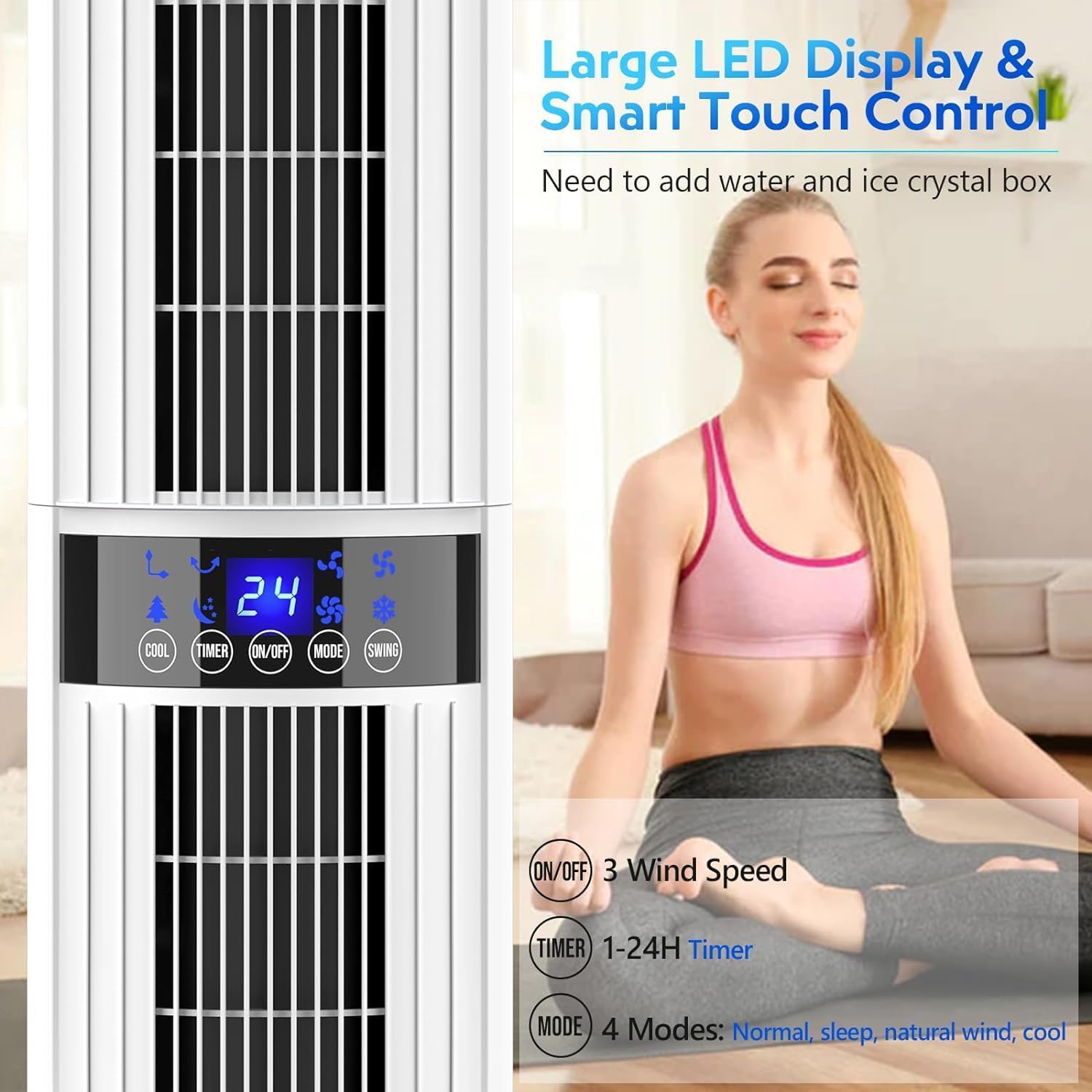 Portable Air Conditioner Tower Fan with Water Cooling & Remote Control - 4 Modes, 24H Timer, 65W, 4L Tank - Perfect for Bedroom, Office & Home Cooling