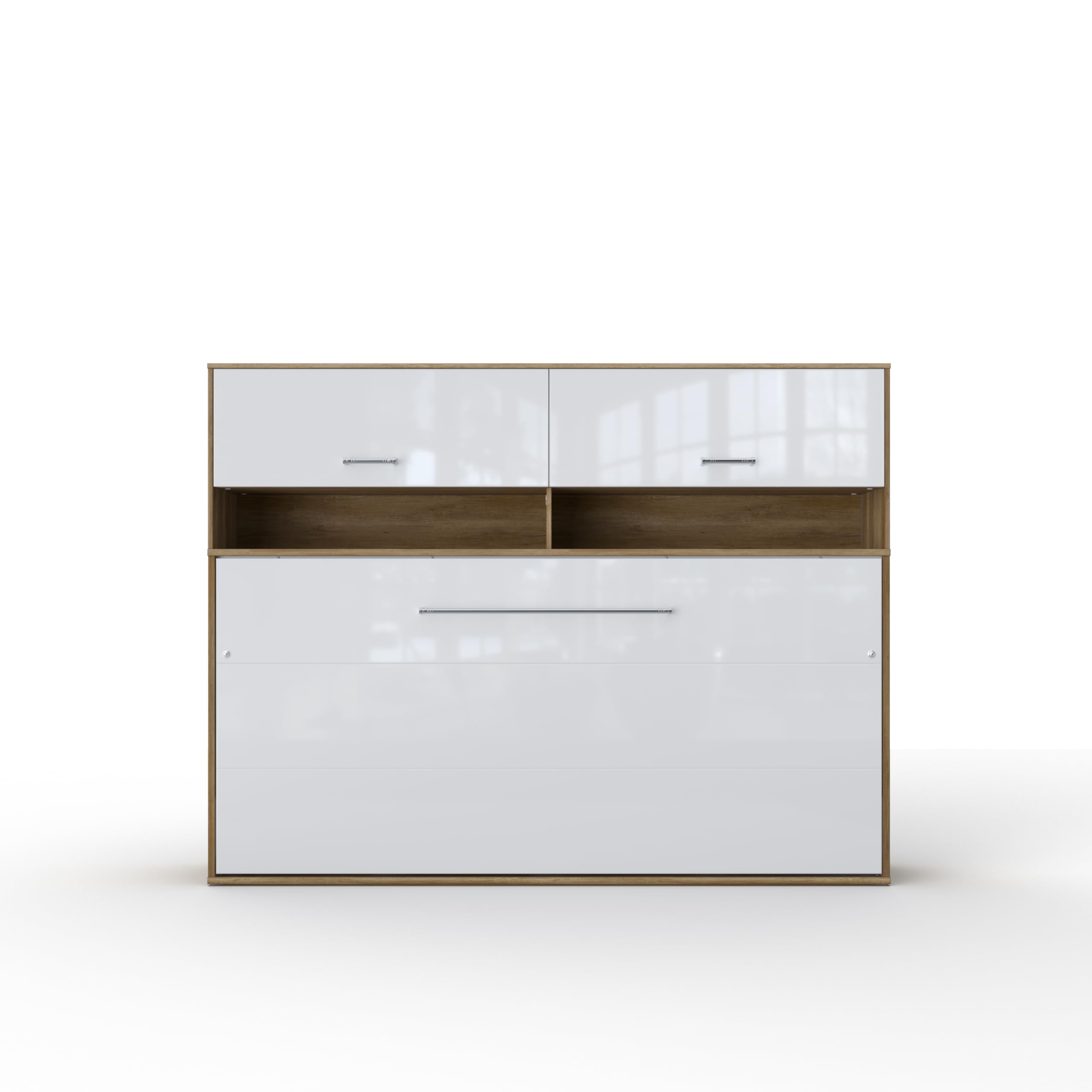 Horizontal Wall Bed with Queen Size Mattress & Top Cabinet - Oak Country/White Finish | Space-Saving Murphy Bed for Small Apartments, Guest Rooms & Home Offices