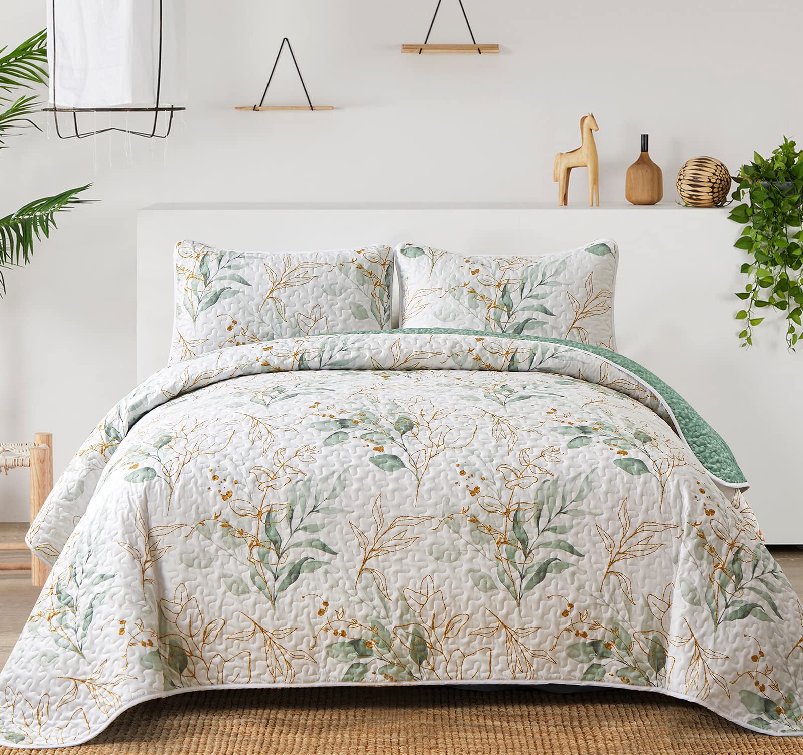 Green Botanical Queen Size Quilt Set - 3 Piece Reversible Soft All-Season Bedspread (96