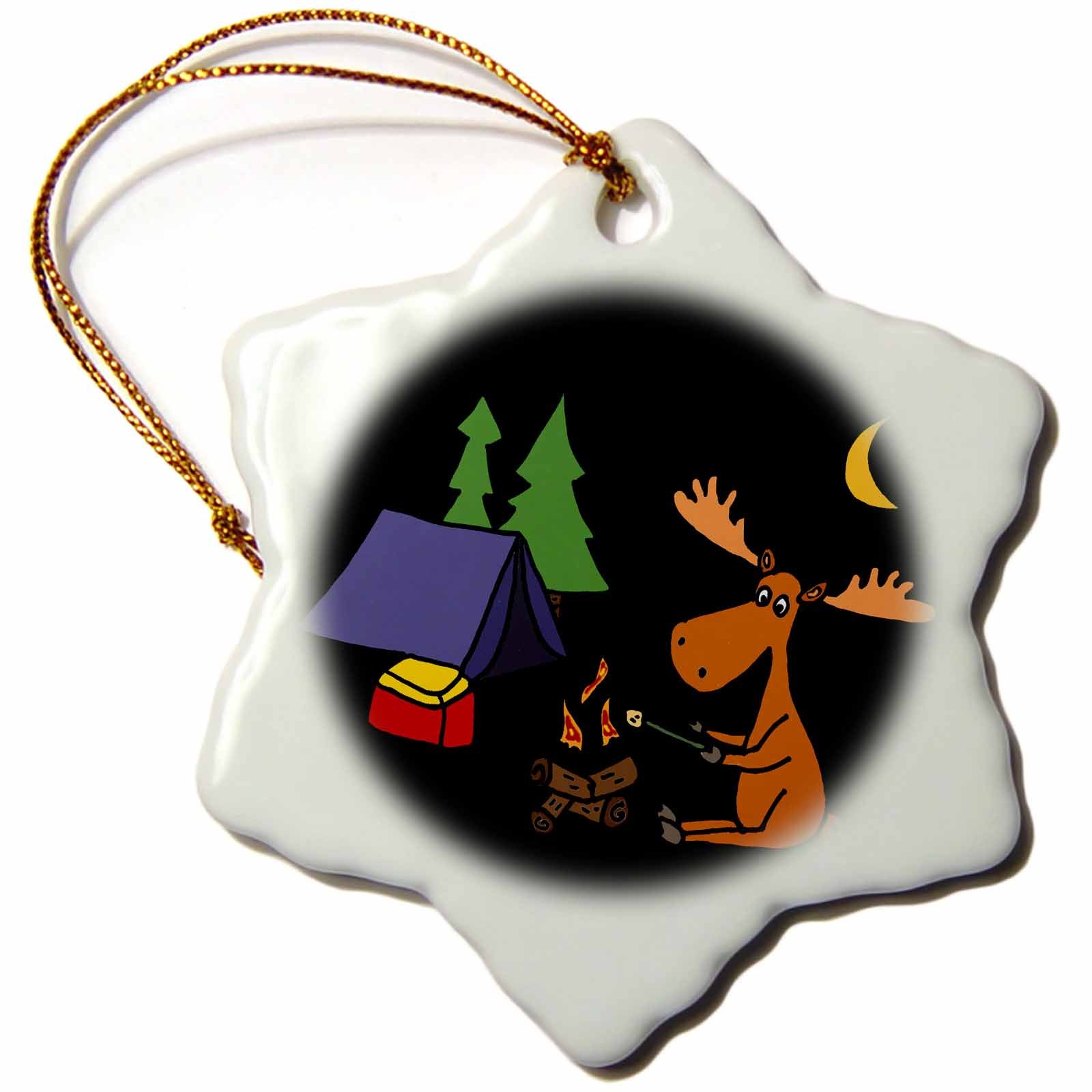 3D Rose Funny Moose Camping & Marshmallow Roasting Snowflake Ornament - 3 Inch Christmas Tree Decoration for Holiday, Winter, and Outdoor Enthusiasts