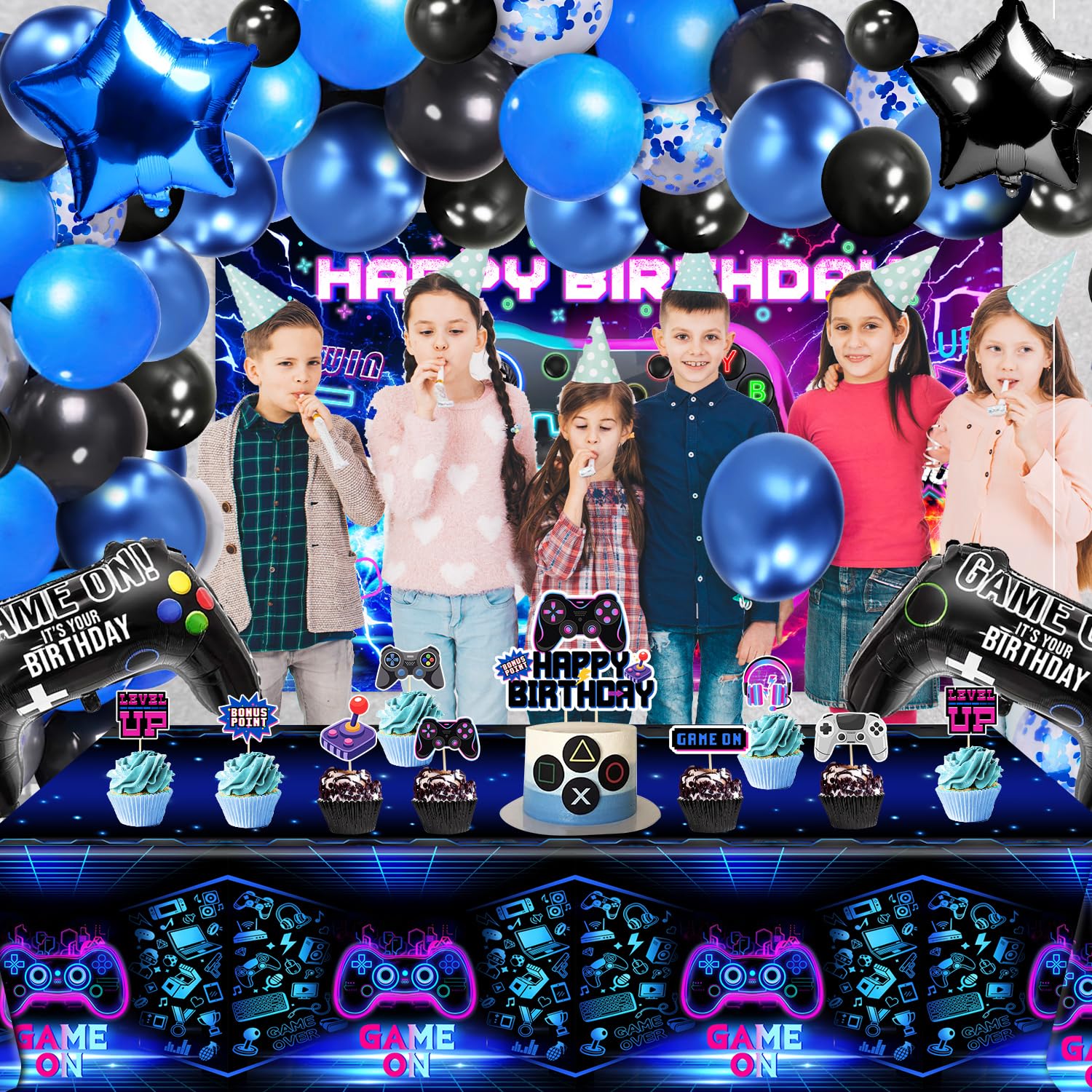 Video Game Birthday Party Decorations Set - Backdrop, Foil Balloons, Tablecloth, Cake Toppers & Balloon Arch Kit for Boys Gaming Theme Celebration | Perfect for Gaming Enthusiast Birthday Parties & Themed Events
