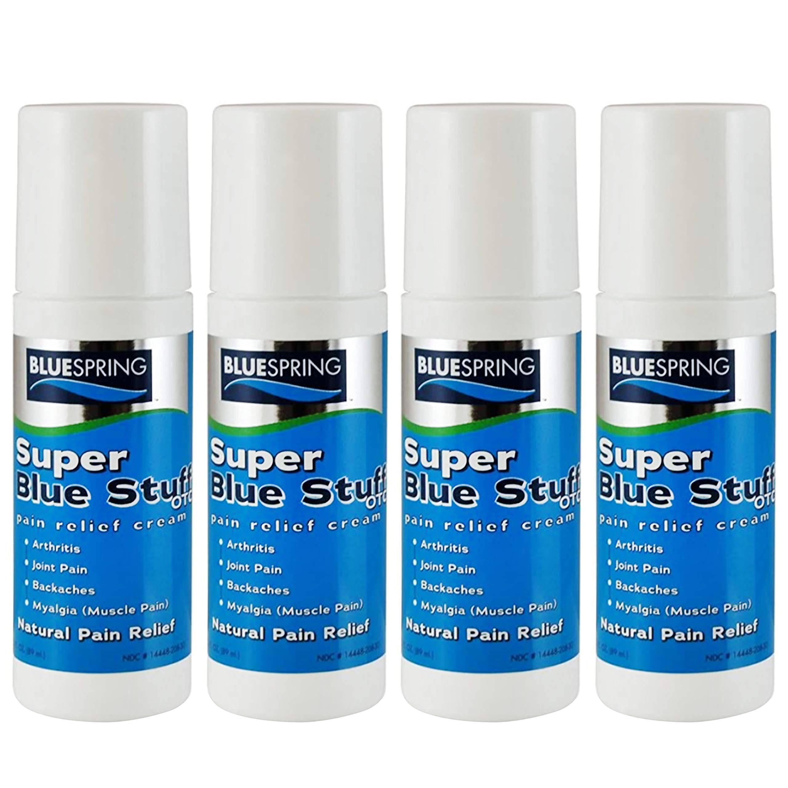 Blue Spring Super Blue Stuff Natural Pain Relief Cream - Fast Acting 3oz Roll-On (4 Pack) for Muscle & Joint Pain Relief - Perfect for Athletes, Arthritis & Post-Workout Recovery