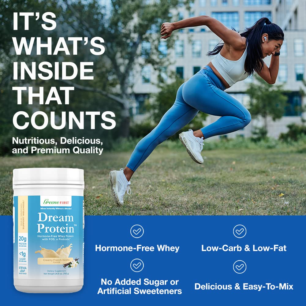 Greens First Dream Protein Powder Whey - 20g Protein Per Serving, Hormone-Free with Prebiotics, Non-GMO, No Artificial Sweeteners - Creamy French Vanilla Flavor (26.5 oz) | Post-Workout Recovery, Meal Replacement, Smoothie Booster for Fitness & Weight Management