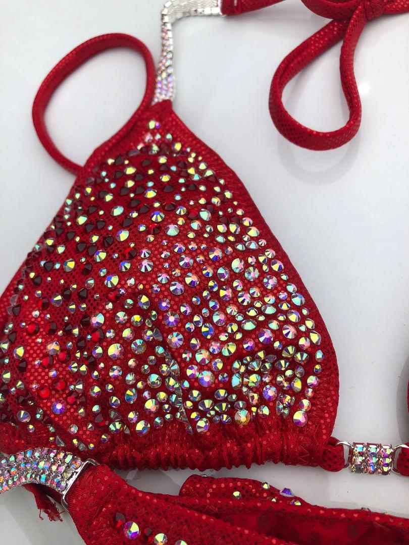 Stunning Red Bikini Competition Suit with Beaded Rhinestone & AB Crystals - Perfect for Swimwear Pageants, Beach Vacations, and Poolside Glamour