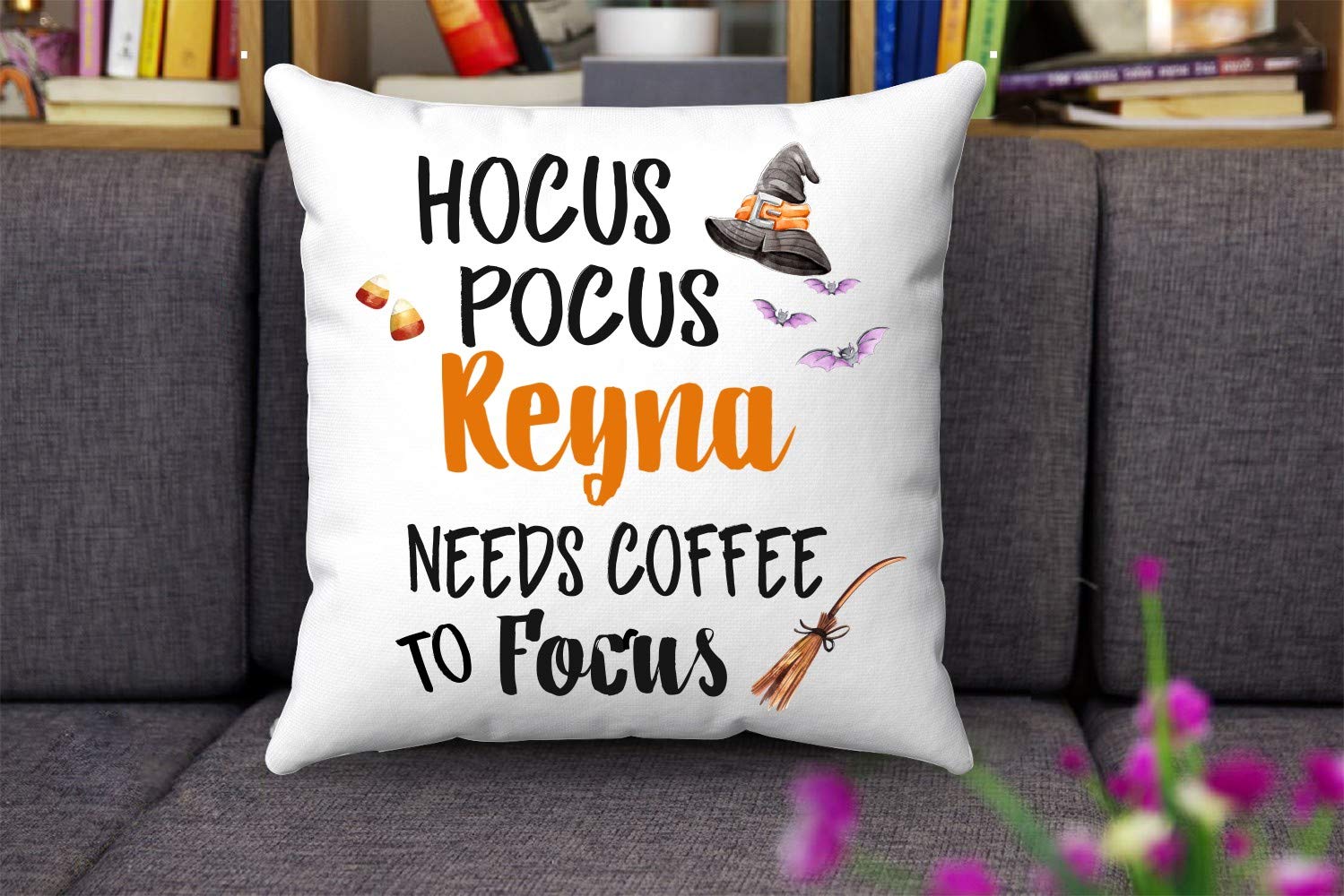 Halloween Throw Pillow Cover 18x18 - Hocus Pocus 'Reyna Needs Coffee to Focus' Funny Halloween Decor - Personalized Name Reyna Cushion Case - Perfect Gift for Friends & Family - Spooky Living Room & Bedroom Decor
