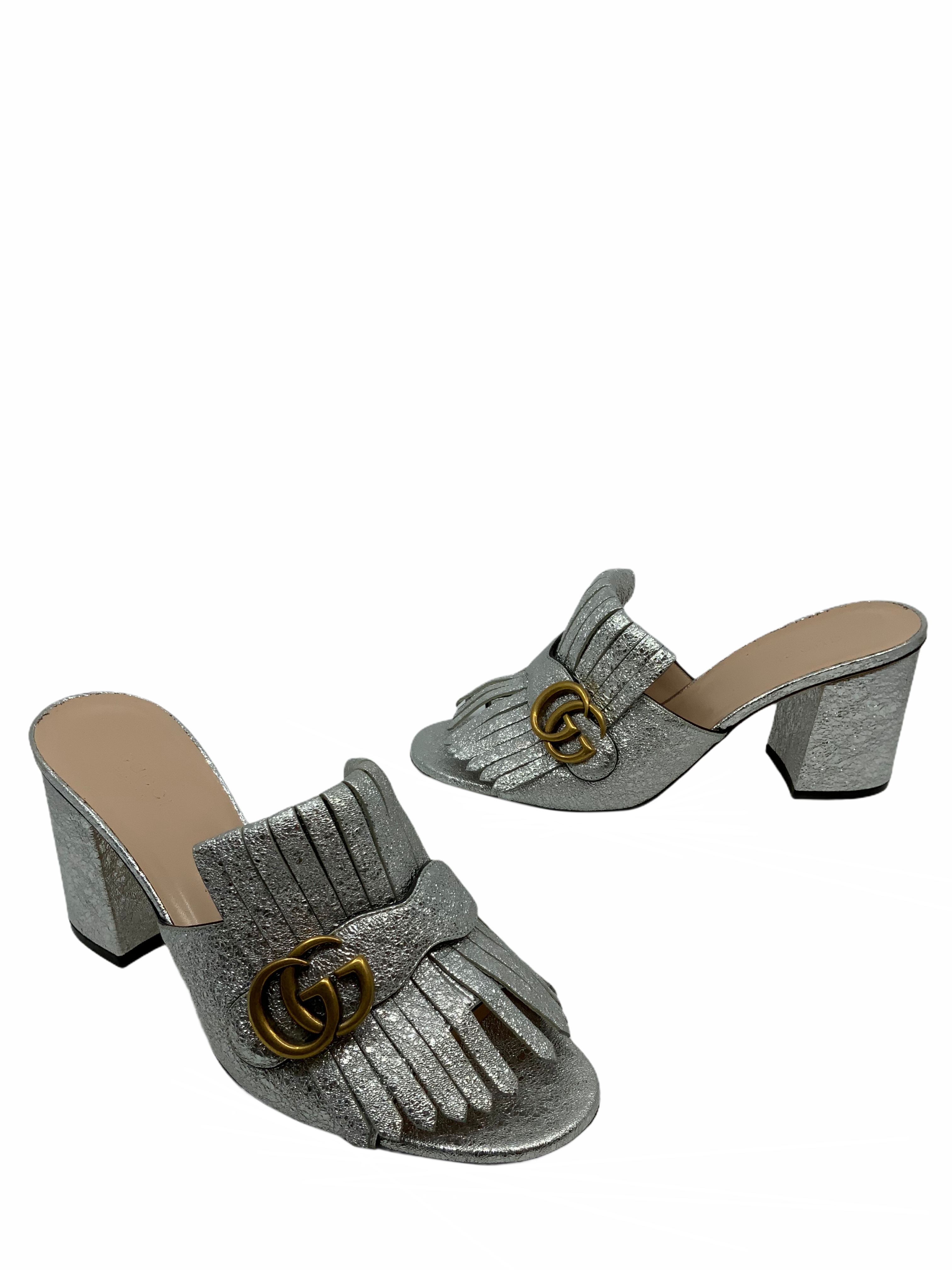 Gucci Marmont GG Metallic Foil Leather Fringe Mules Women's Size 9.5 - Luxury Designer Slip-On Shoes for Casual Outings & Evening Events