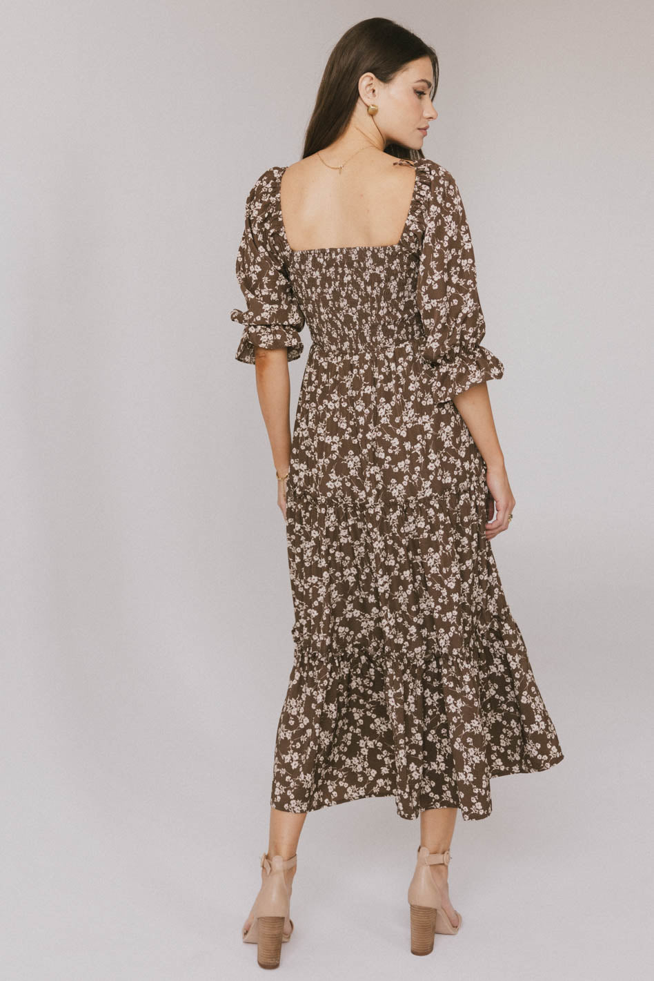 Kiran Floral Midi Dress for Women - Elegant Brown Flowy Summer Dress with V-Neck & Short Sleeves | Perfect for Beach Vacations, Garden Parties & Date Nights | FINAL SALE