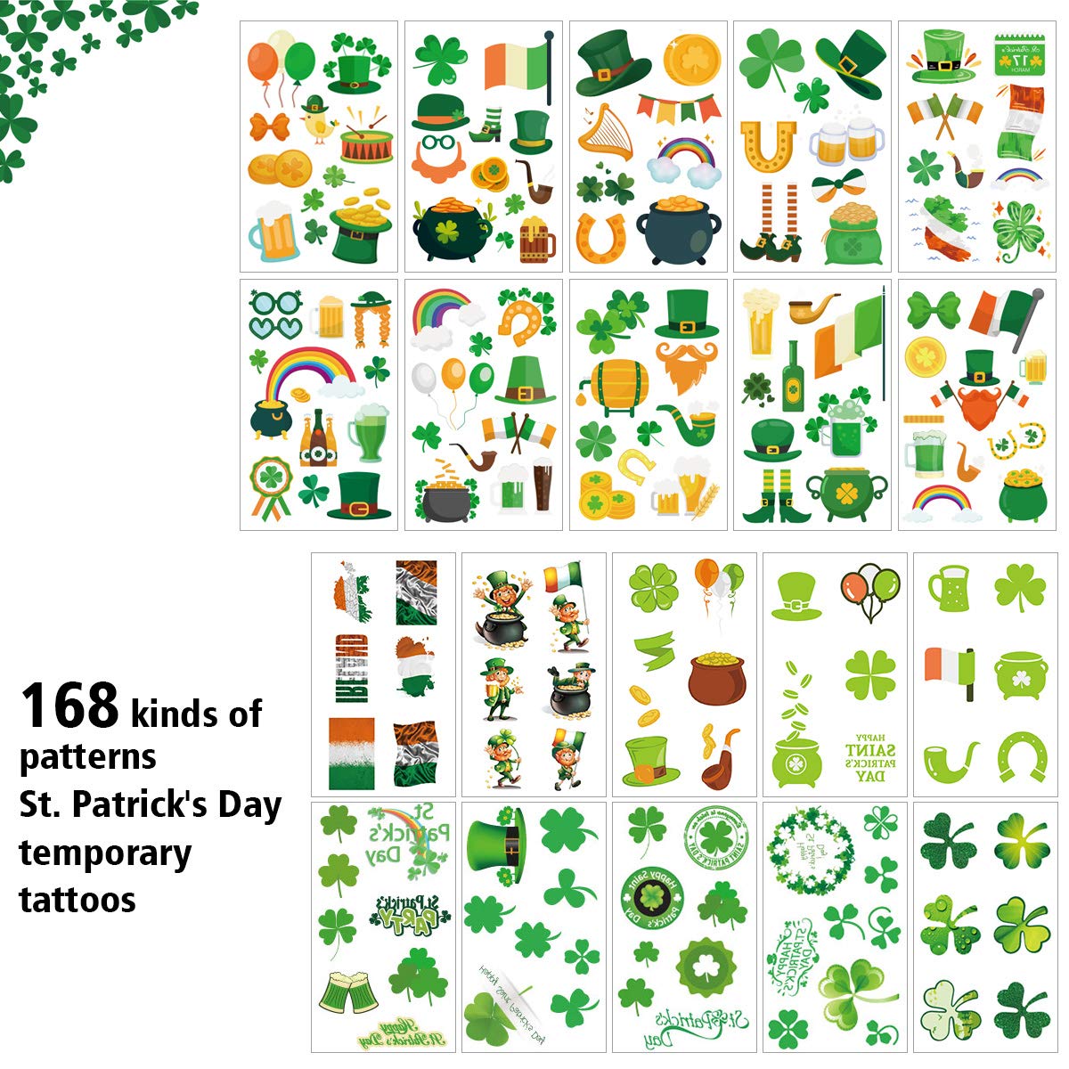 168 PCS St. Patrick's Day Temporary Tattoos - Shamrock & Irish Themed Stickers for Kids & Adults - Perfect for St. Patrick's Day Parties, Parades, Festivals & Celtic Celebrations