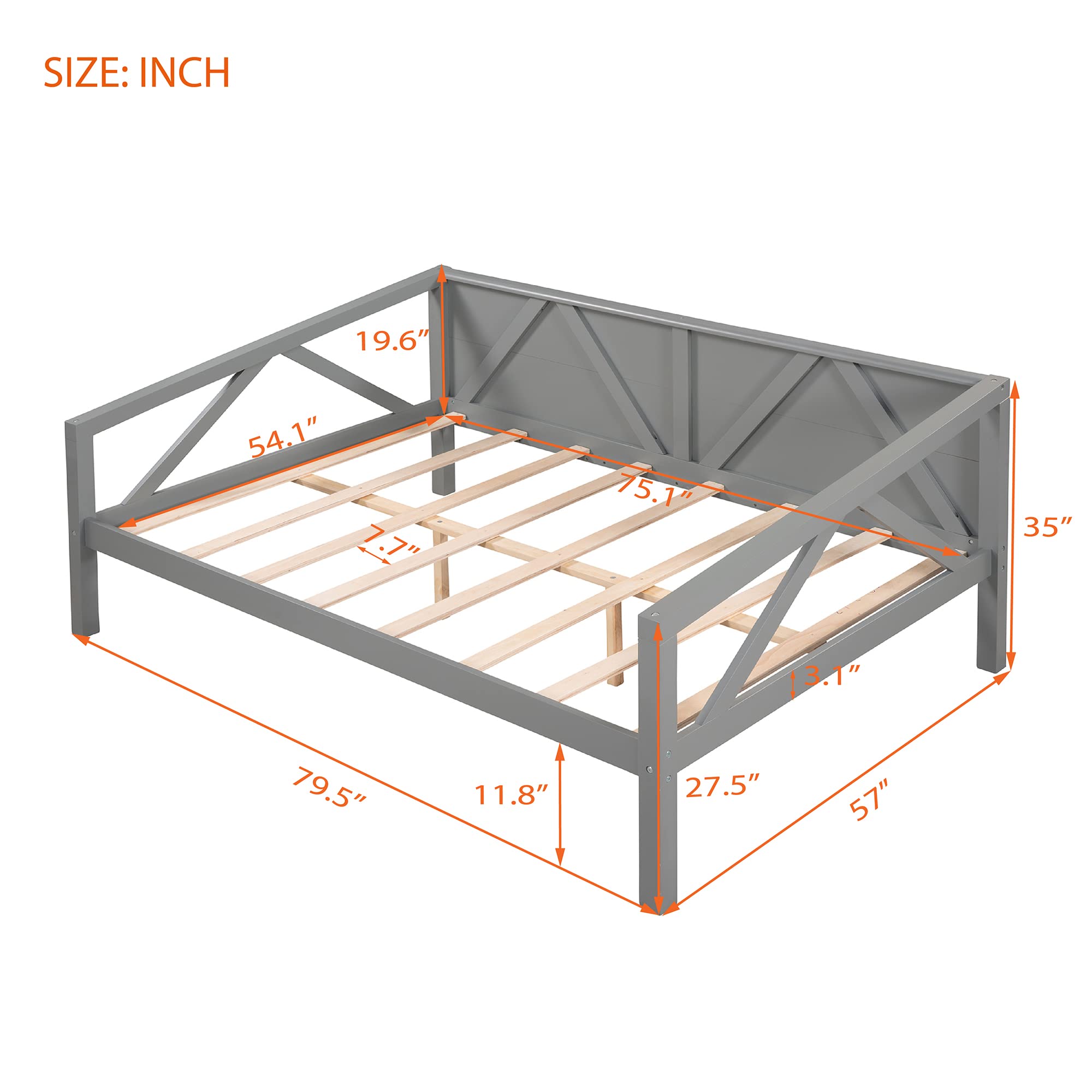Bellemave Full Size Wooden Daybed Frame with Solid Wood Slats - Sturdy Dual-Use Sofa Bed for Bedroom & Living Room - No Box Spring Required (Gray) - Perfect for Guest Rooms, Small Spaces & Home Offices