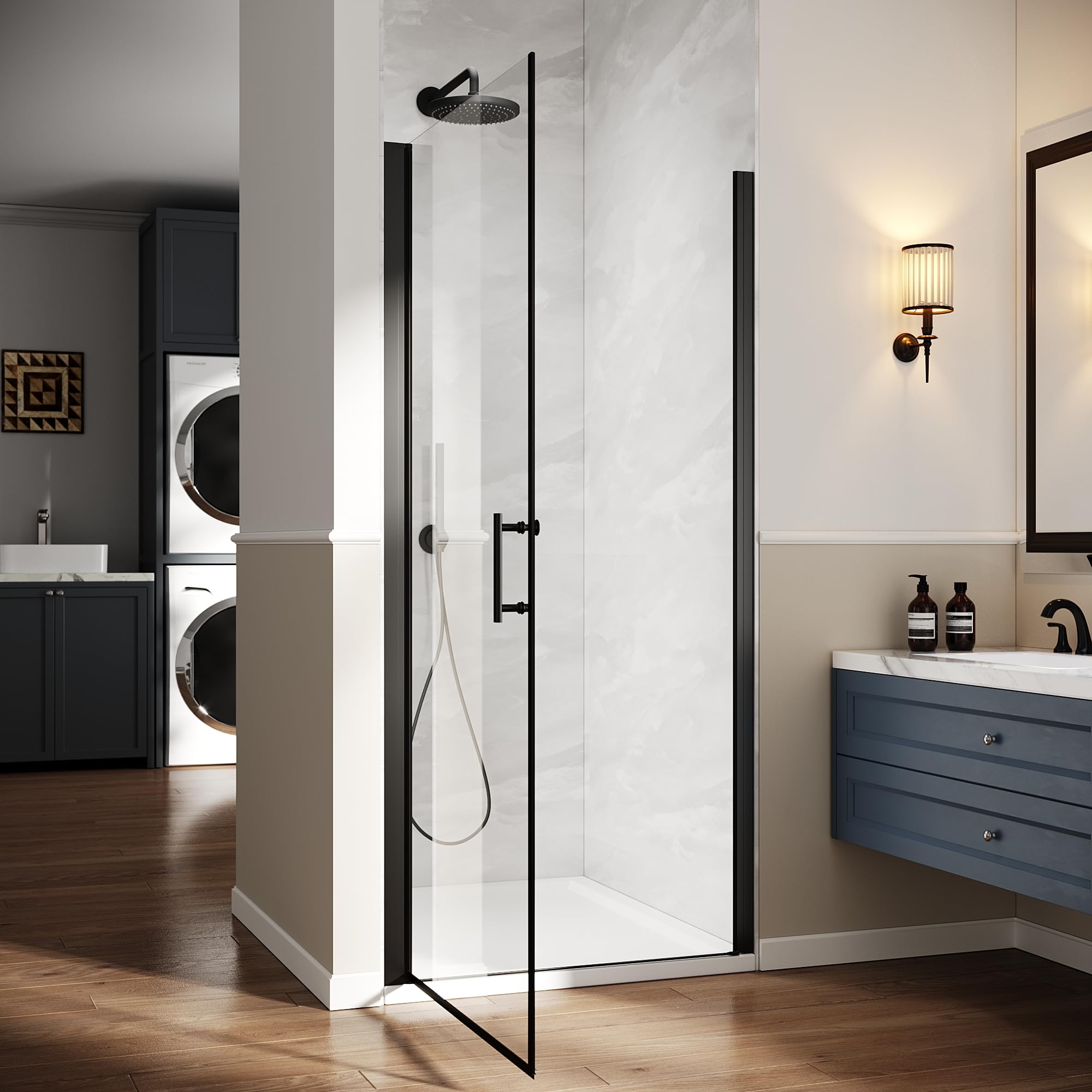 Frameless Matte Black Pivot Shower Door - 34