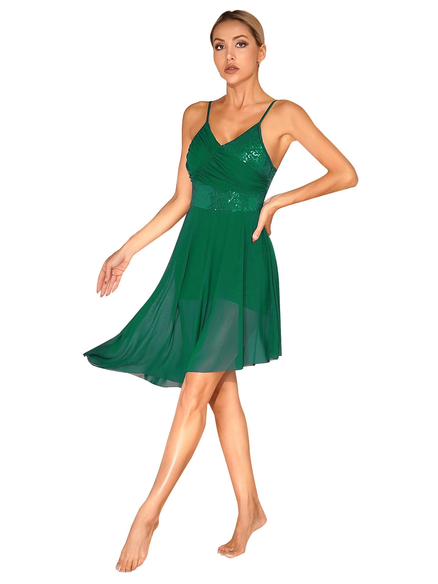 Women's Shiny Sequins Lyrical Dance Dress - Contemporary Mesh Spaghetti Strap Tulle Skirt Dancewear for Performances & Competitions