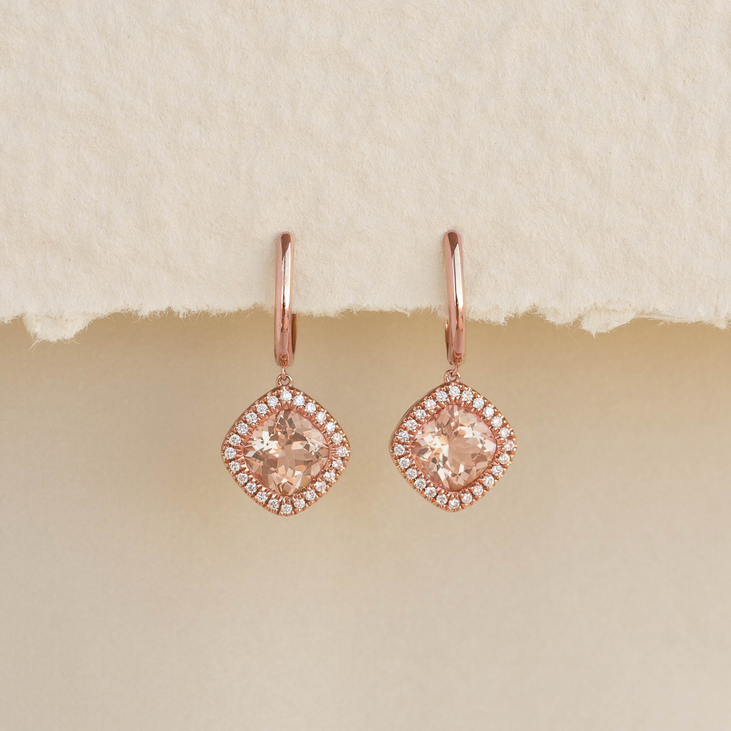 Exquisite Morganite & Diamond Halo Drop Earrings in Rose Gold - Elvira Collection | Perfect for Weddings, Anniversaries & Special Occasions