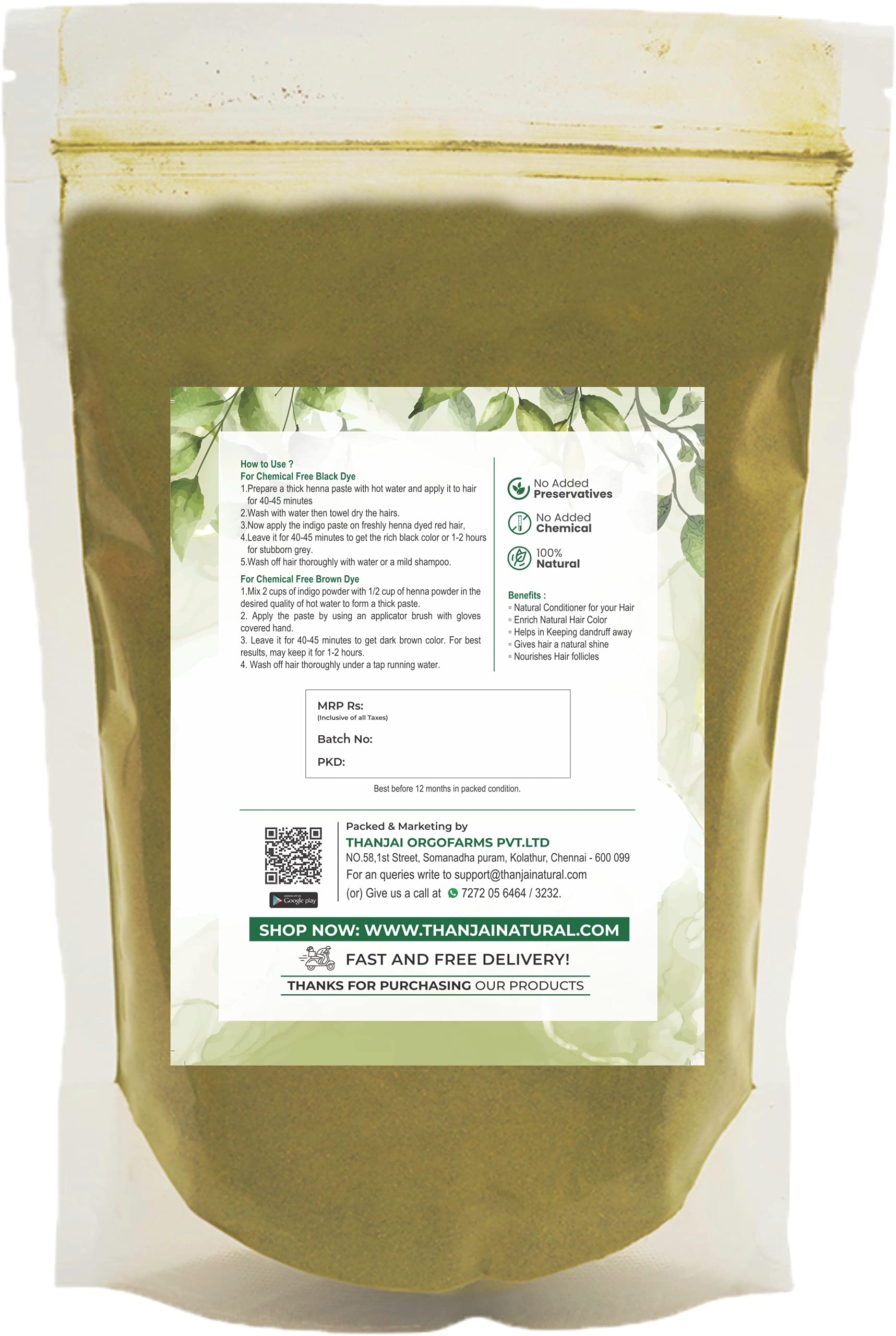 Organic Thanjai Natural Indigo Powder for Hair Dye - 500g | Chemical-Free Black Hair Coloring | DIY Herbal Hair Treatment for Gray Coverage & Healthy Scalp | Perfect for Home Use & Salon Professionals