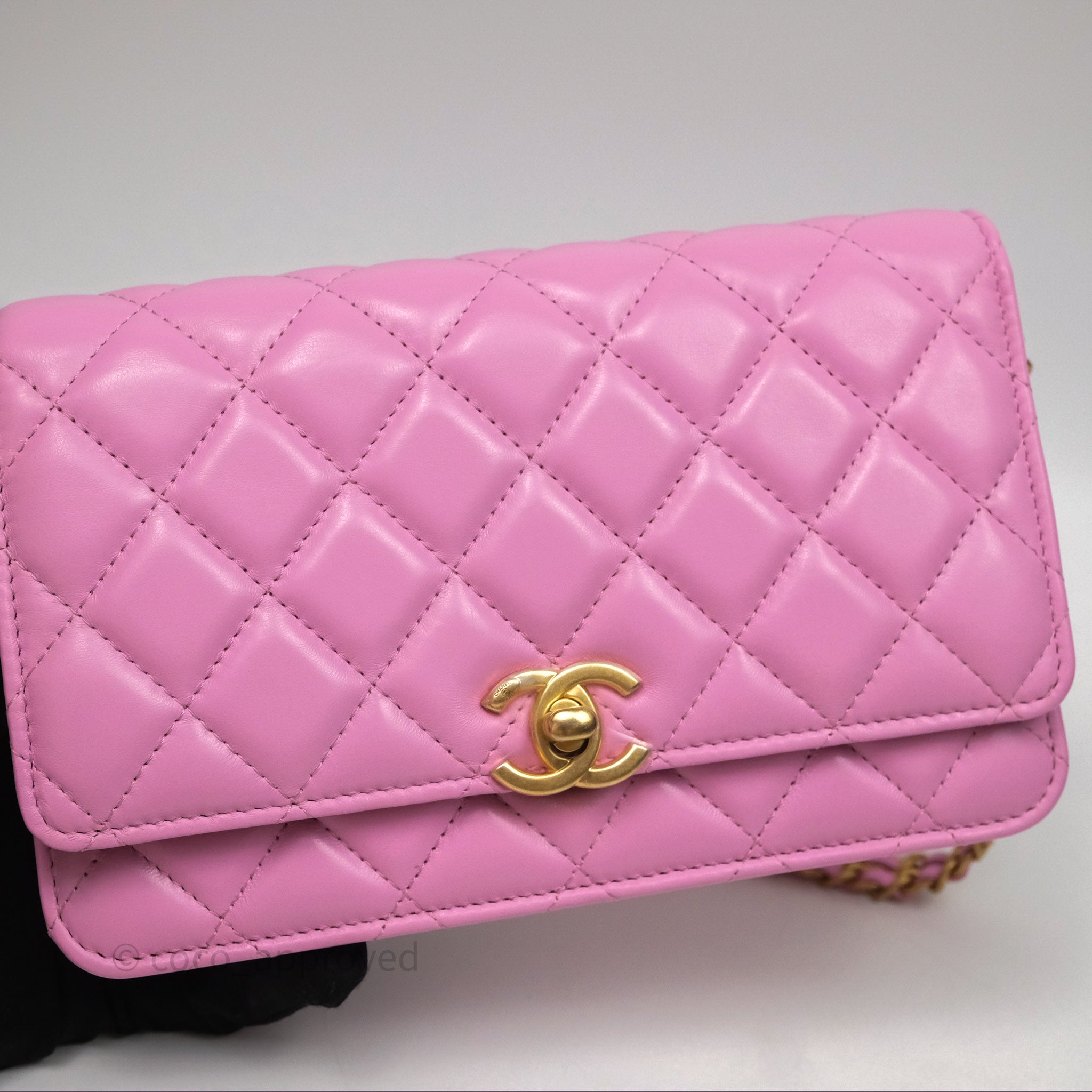 Chanel CC Chain Wallet On Chain WOC in Pink Lambskin with Aged Gold Hardware - Luxury Crossbody Bag for Women, Perfect for Evening Out & Special Occasions