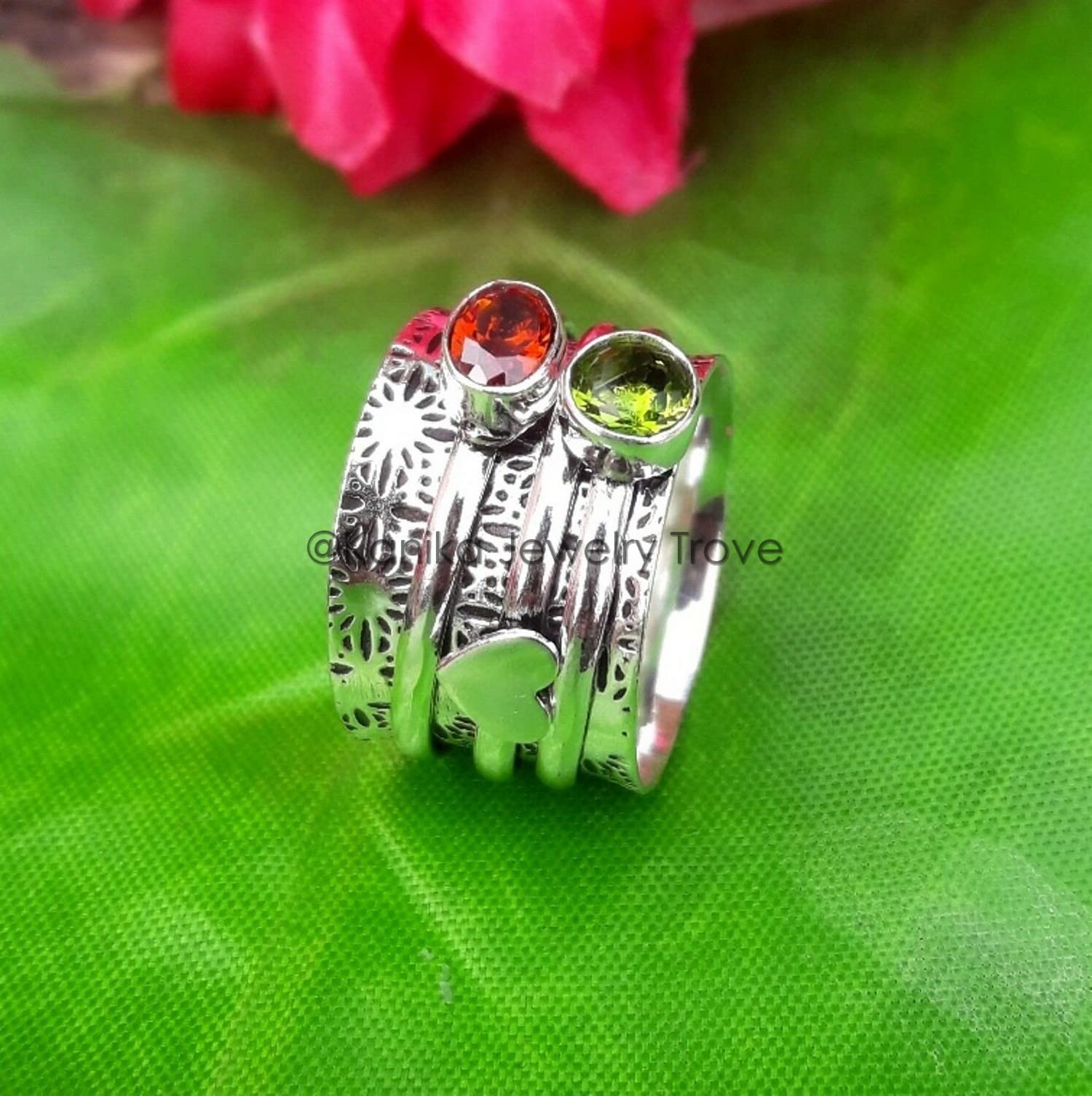 Peridot & Garnet Spinner Ring for Women - Sterling Silver Anxiety Relief Ring with Oxidized Heart Design, Adjustable Spinning Band for Stress Relief - Perfect Mother's Day Gift Jewelry (Size 7) | Great for Meditation, Fidgeting & Everyday Wear