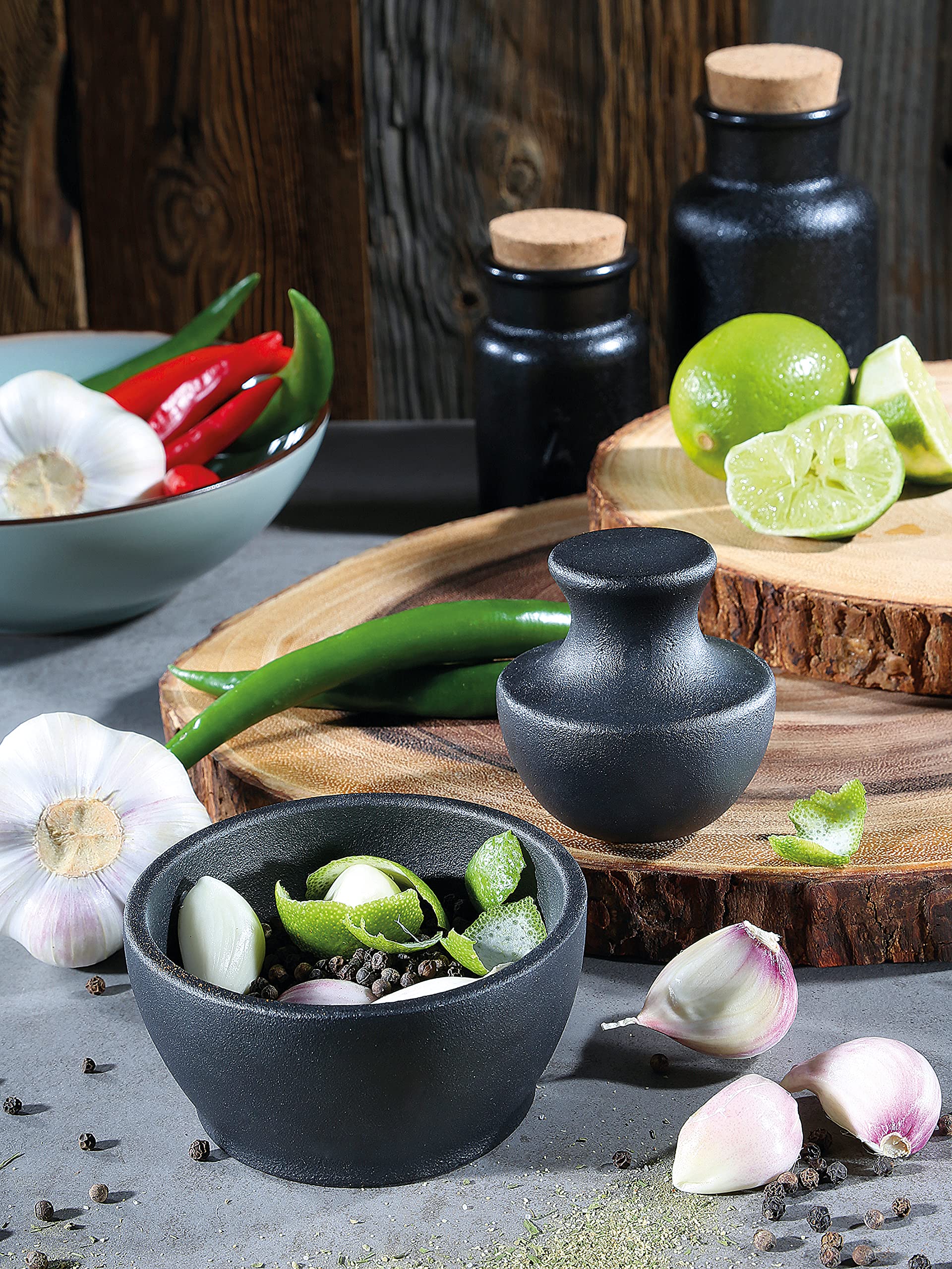 Zassenhaus Manu Cast Iron Mortar and Pestle Set - 4 Inch Diameter, 3 Inch Height - Durable Black Spice Grinder for Herbs, Spices, and Seeds - Perfect for Kitchen, Cooking, and Apothecary Use