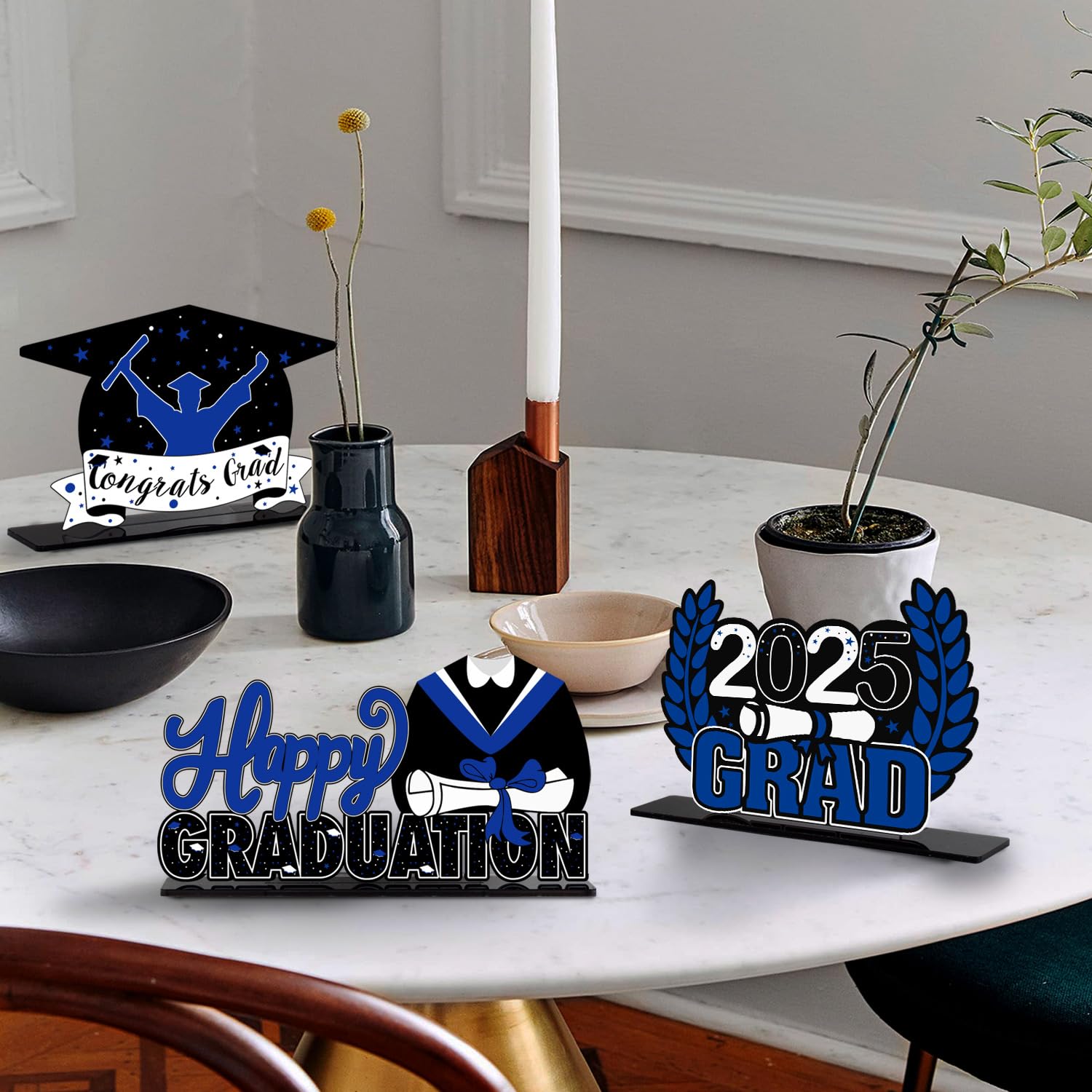 LINGTEER Class of 2025 Graduation Decor Set - 3Pcs Acrylic Table Centerpieces with Congrats Grad 2025 Stand for High School & College Commencement Parties - Blue - Perfect for Graduation Ceremony Decorations, Senior Night Celebrations and Photo Backdrop Displays
