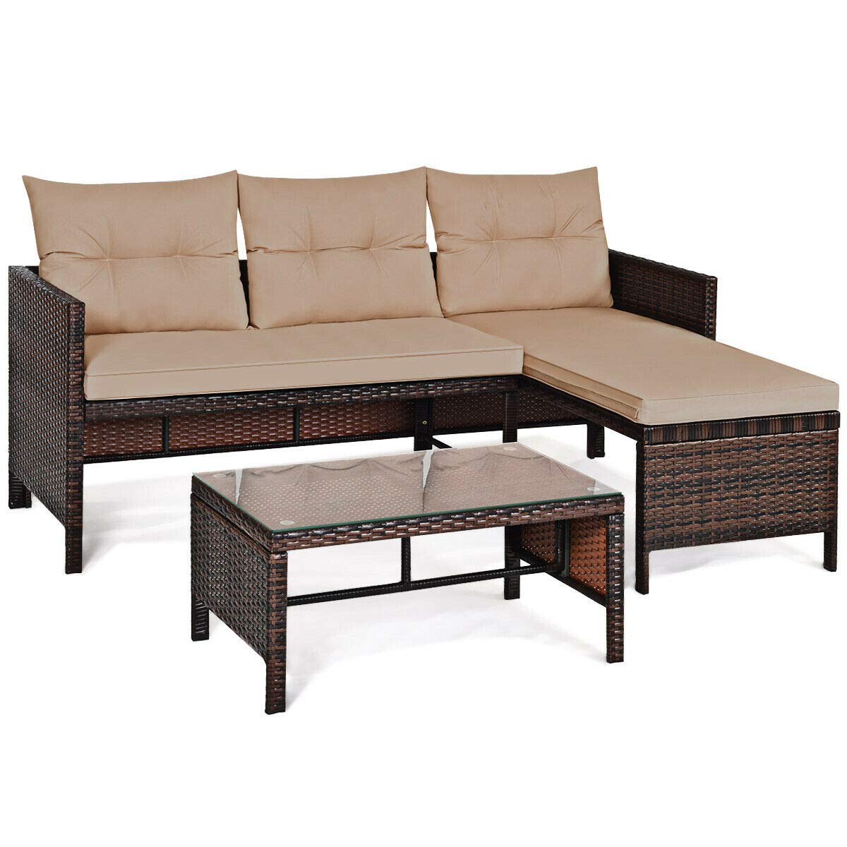 UMTEC 3-Piece Patio Wicker Rattan Sofa Set - L-Shaped Outdoor Furniture with Cushions, Weather-Resistant for Garden, Backyard, Poolside & Balcony Relaxation