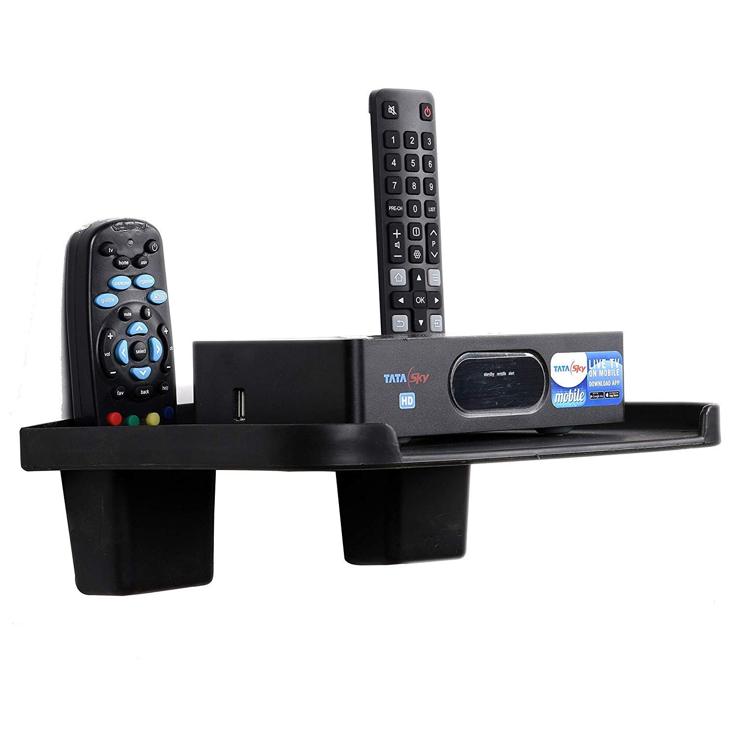 Digionics Universal TV Set Top Box Stand - Black Plastic Shelf with Remote Holder & Wall Mount, WiFi Router Stand & Mobile Charging Dock - Perfect for Living Room, Bedroom & Home Theater Setup
