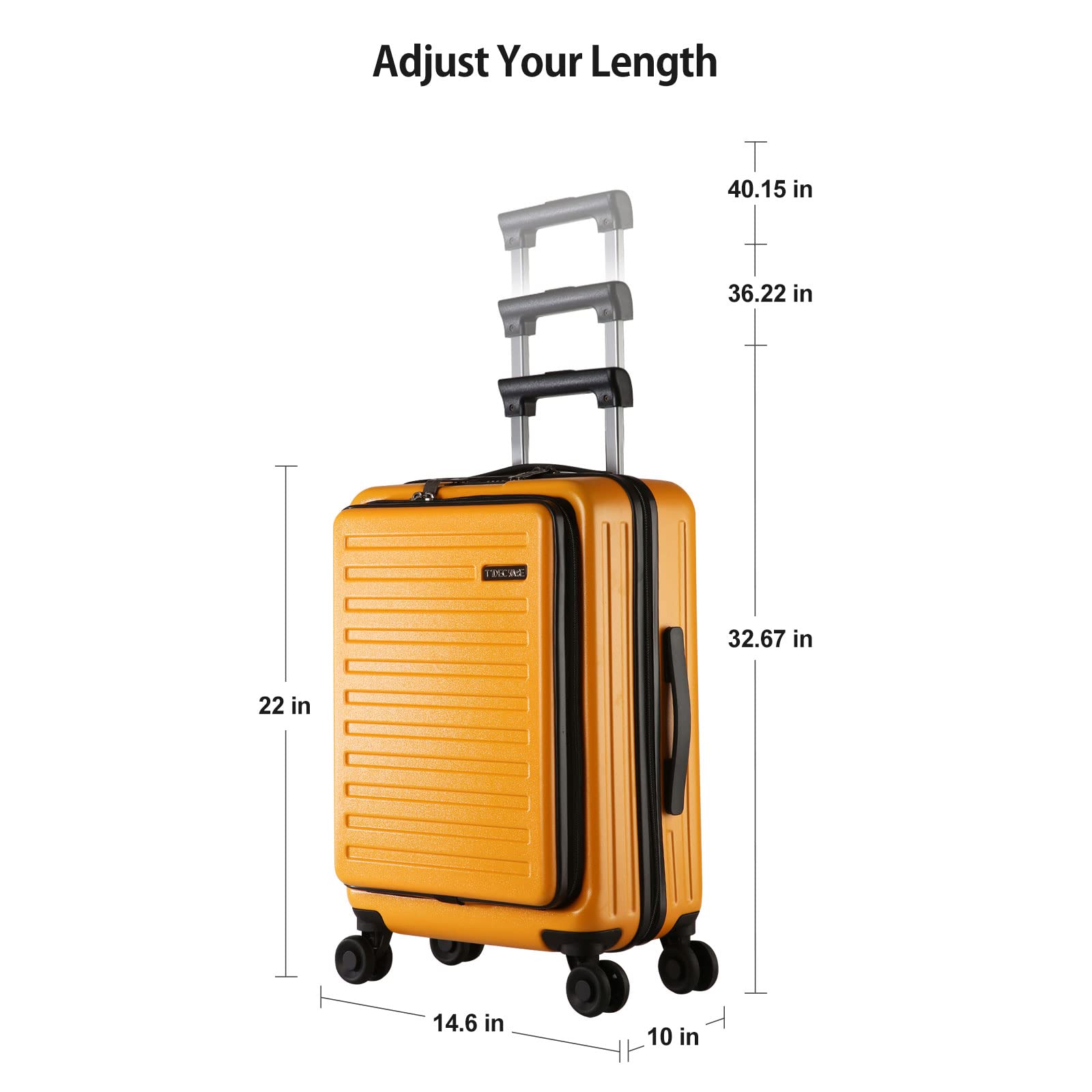 TydeCkare 20 Inch Carry On Luggage - 45L Lightweight ABS+PC Hardshell Suitcase with Front Zipper Pocket & Spinner Silent Wheels - Perfect for Business Travel, Weekend Getaways & Airplane Carry-On (Orange)